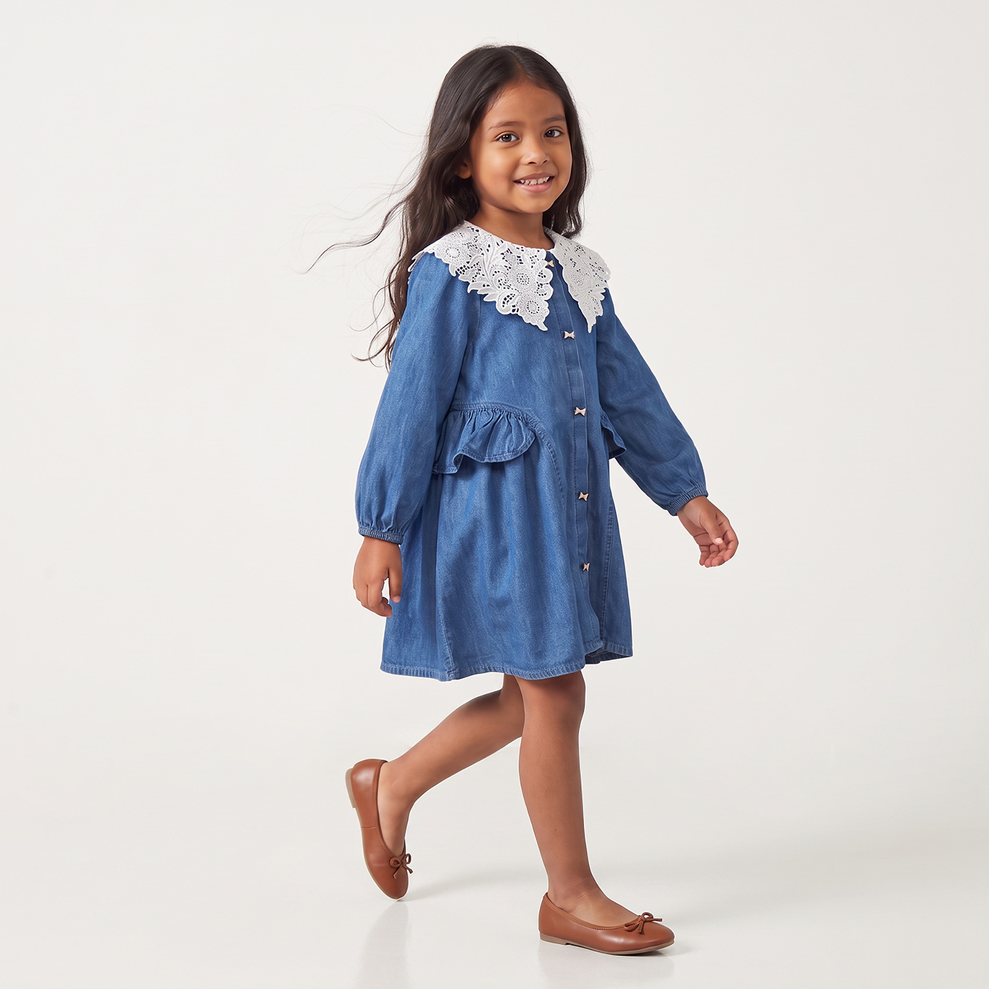 Juniors Peter Pan Collar Long Sleeves Knee Length A-line Denim Dress with Lace Detail-girls-clothing-dressesandjumpsuits-image-5