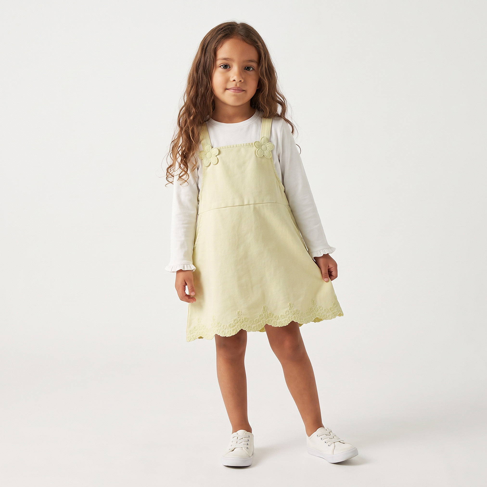 Juniors Round Neck Long Sleeves Knee Length Pinafore Dress with Floral Embroidery-girls-clothing-dressesandjumpsuits-image-1
