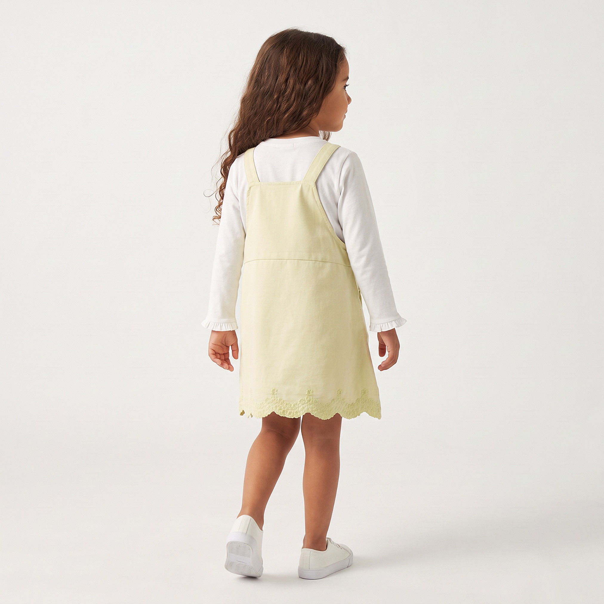 Juniors Round Neck Long Sleeves Knee Length Pinafore Dress with Floral Embroidery-girls-clothing-dressesandjumpsuits-image-2