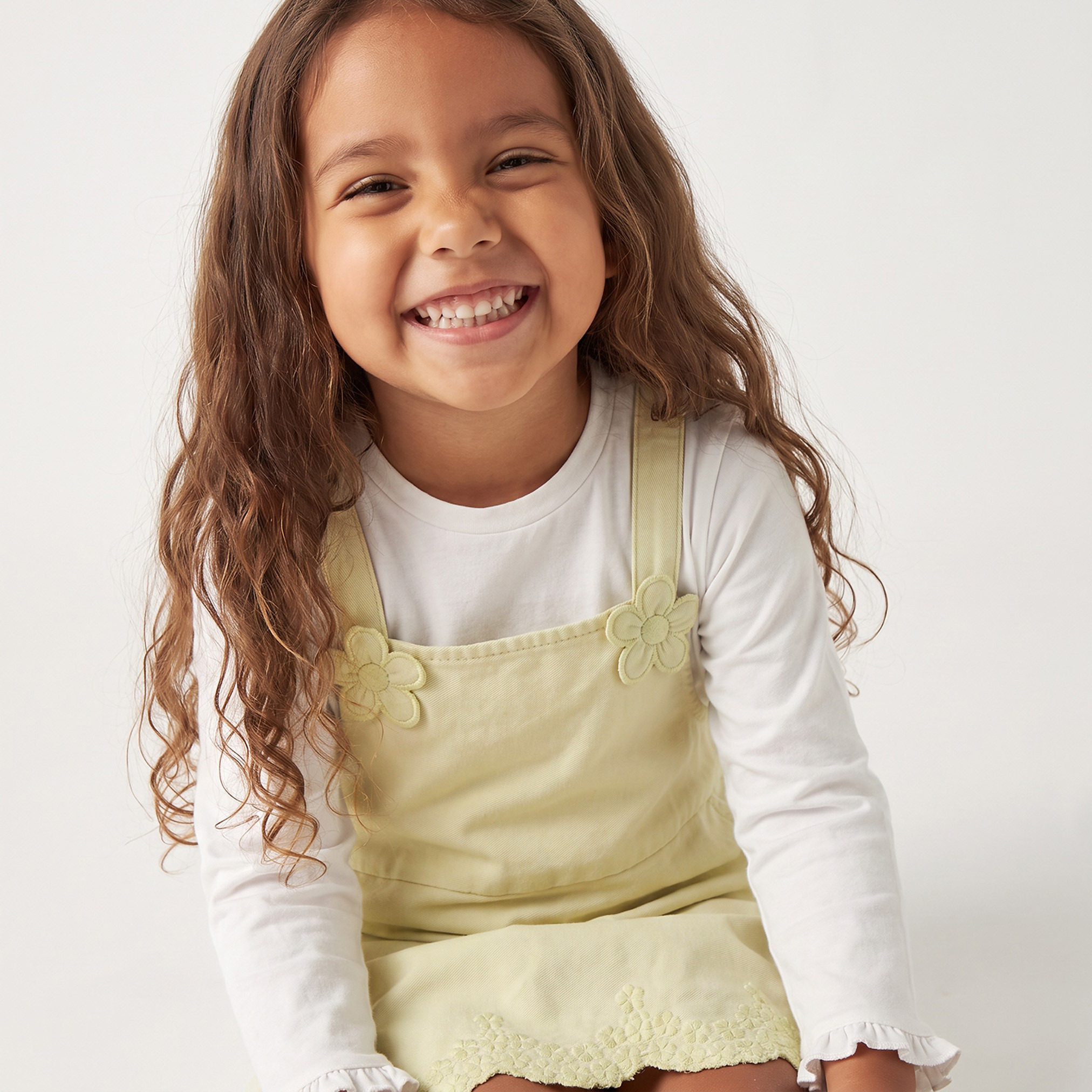 Juniors Round Neck Long Sleeves Knee Length Pinafore Dress with Floral Embroidery-girls-clothing-dressesandjumpsuits-image-3