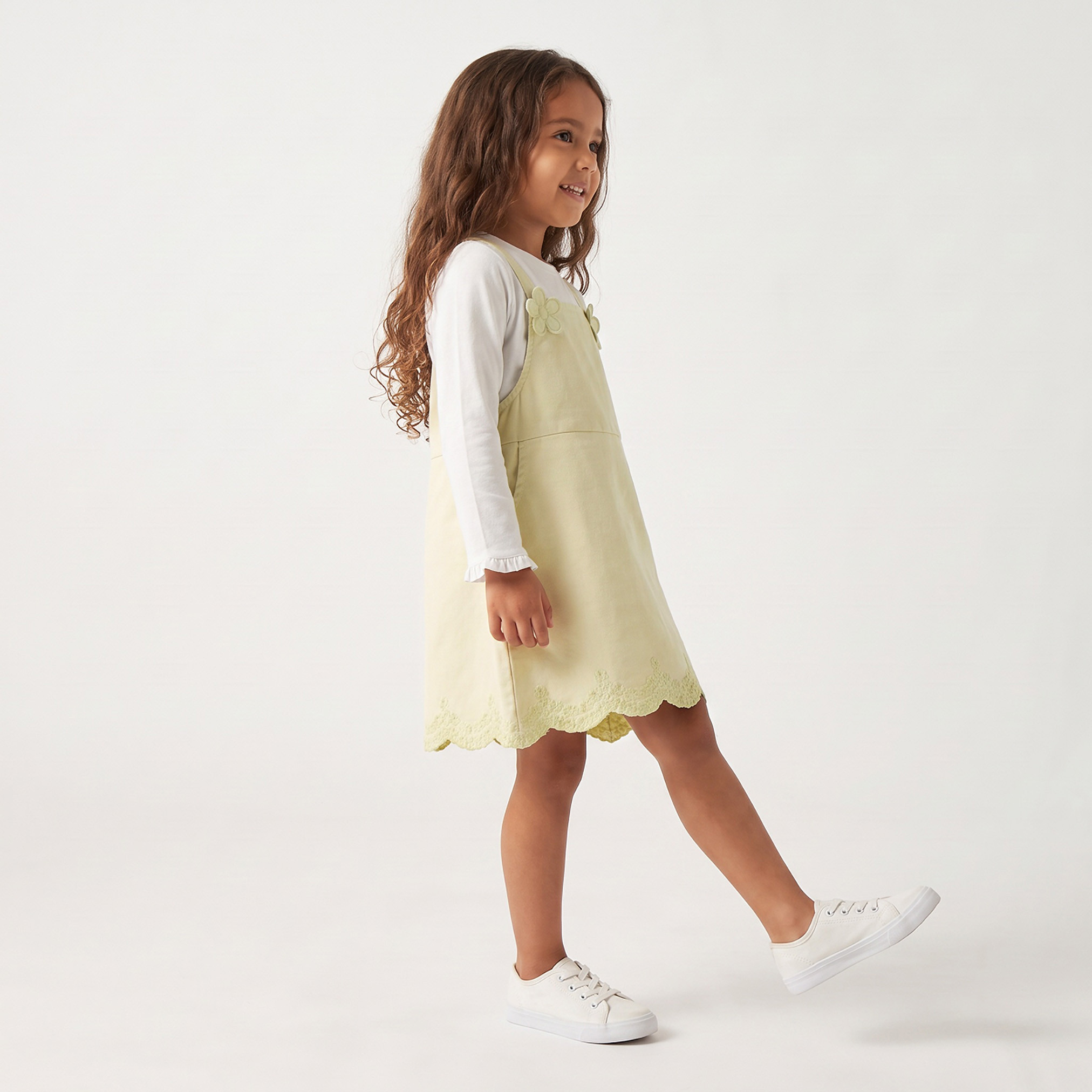 Juniors Round Neck Long Sleeves Knee Length Pinafore Dress with Floral Embroidery-girls-clothing-dressesandjumpsuits-image-4