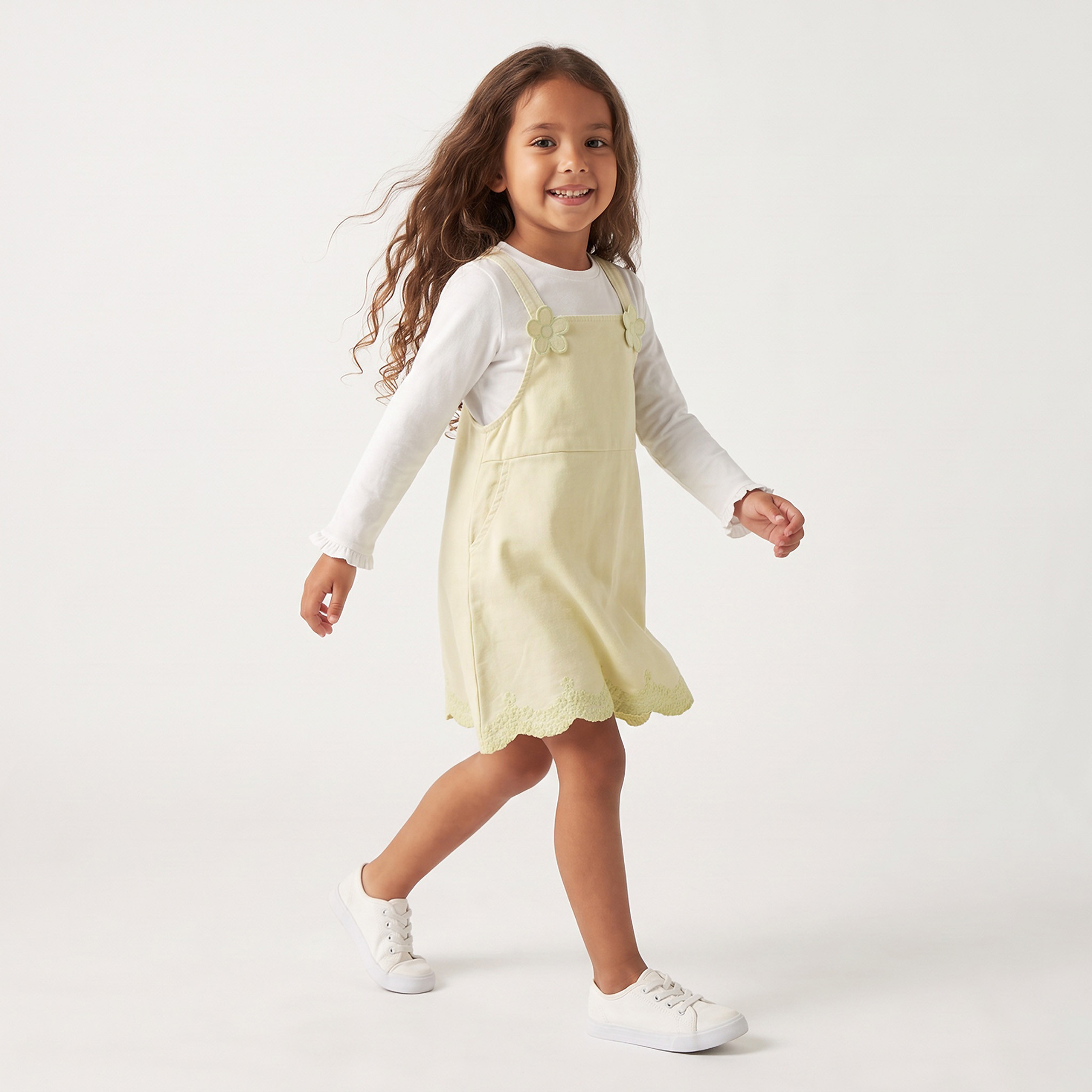 Juniors Round Neck Long Sleeves Knee Length Pinafore Dress with Floral Embroidery-girls-clothing-dressesandjumpsuits-image-5