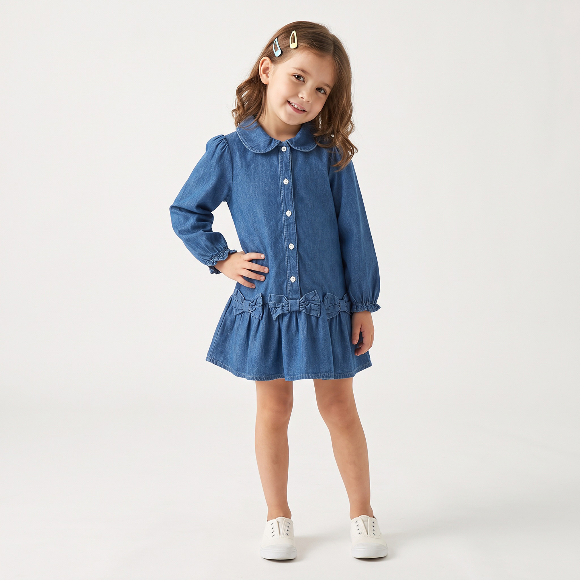 Juniors Peter Pan Collar Long Sleeves Knee Length Denim Dress with Bow Accents-girls-clothing-dressesandjumpsuits-image-1