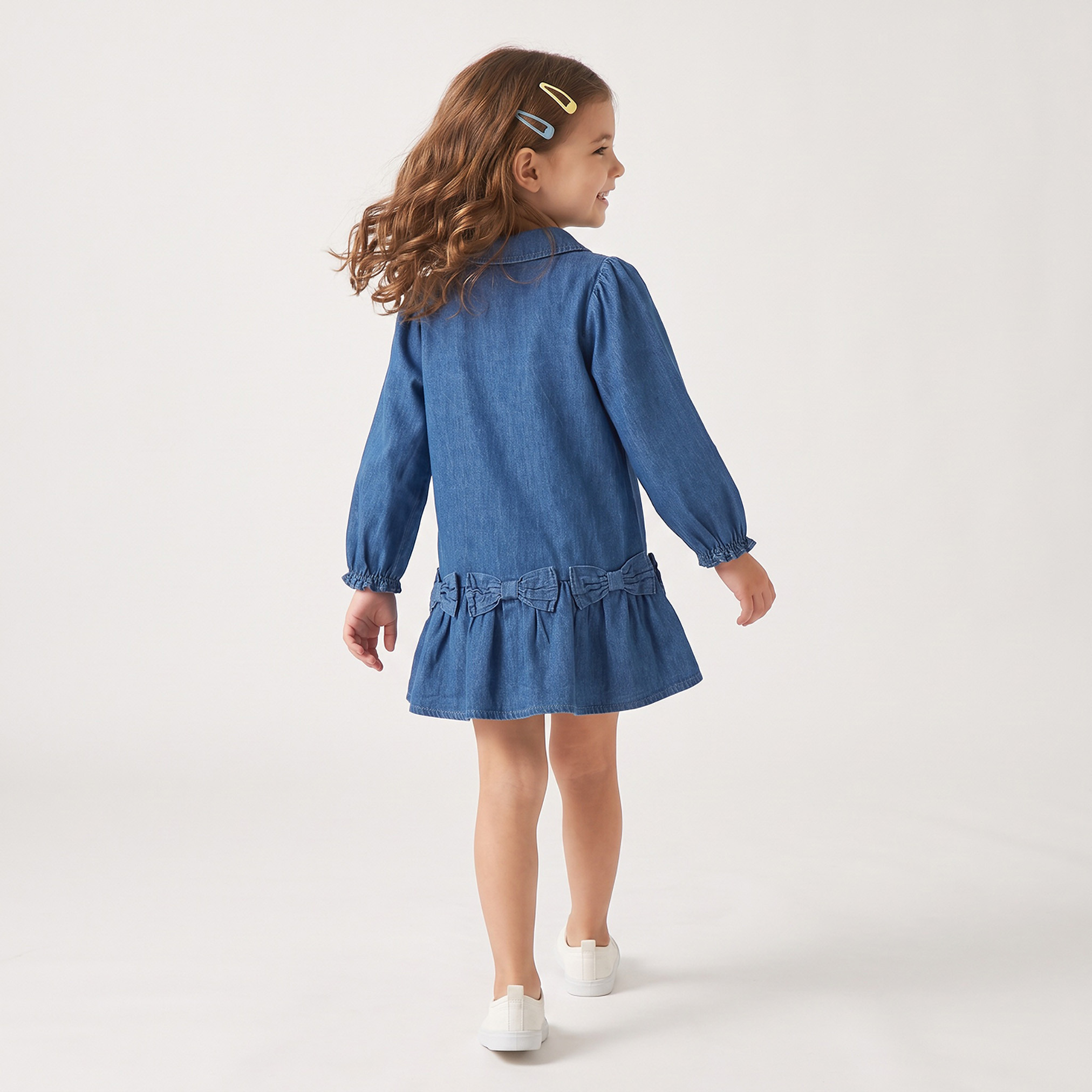 Juniors Peter Pan Collar Long Sleeves Knee Length Denim Dress with Bow Accents-girls-clothing-dressesandjumpsuits-image-2