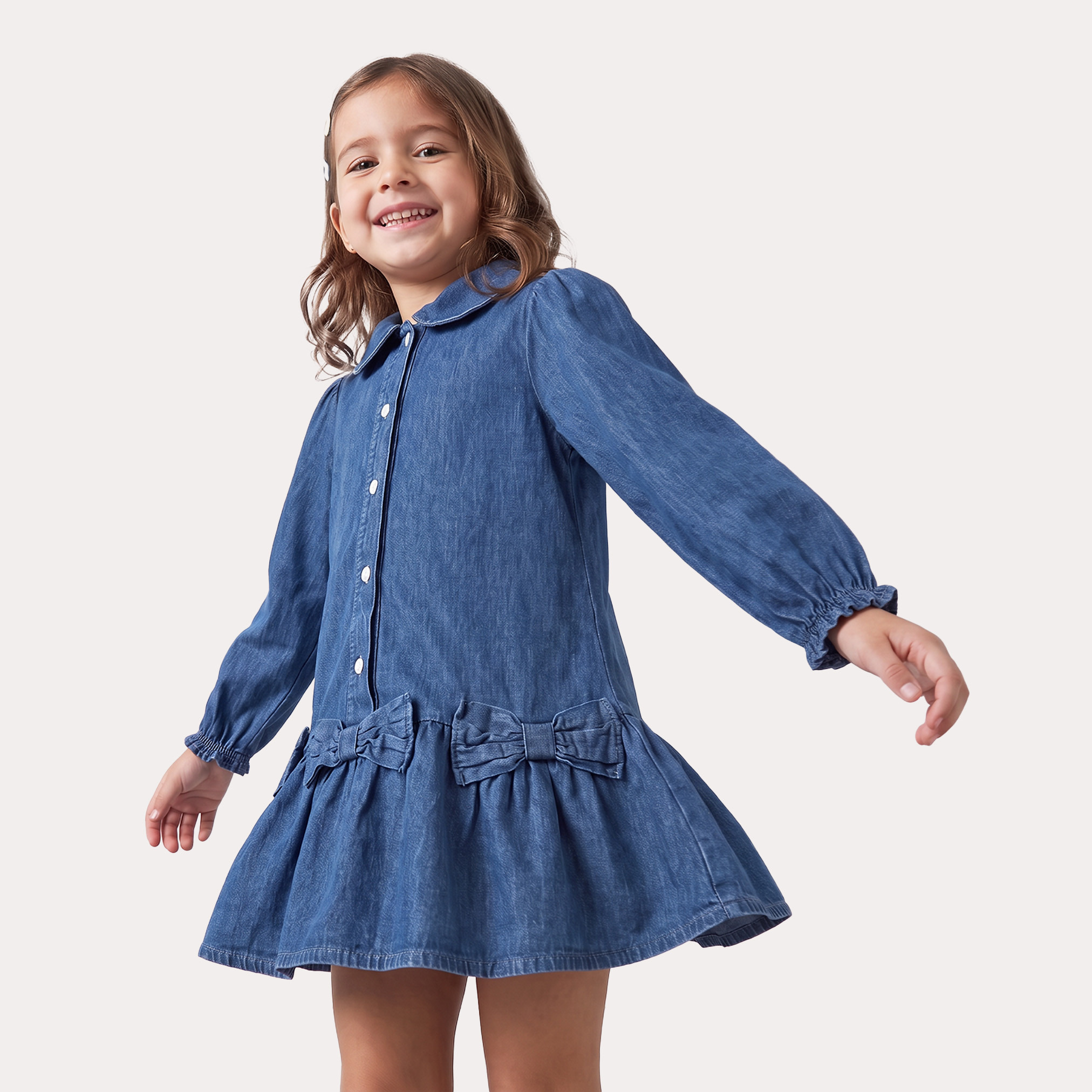 Juniors Peter Pan Collar Long Sleeves Knee Length Denim Dress with Bow Accents-girls-clothing-dressesandjumpsuits-image-4