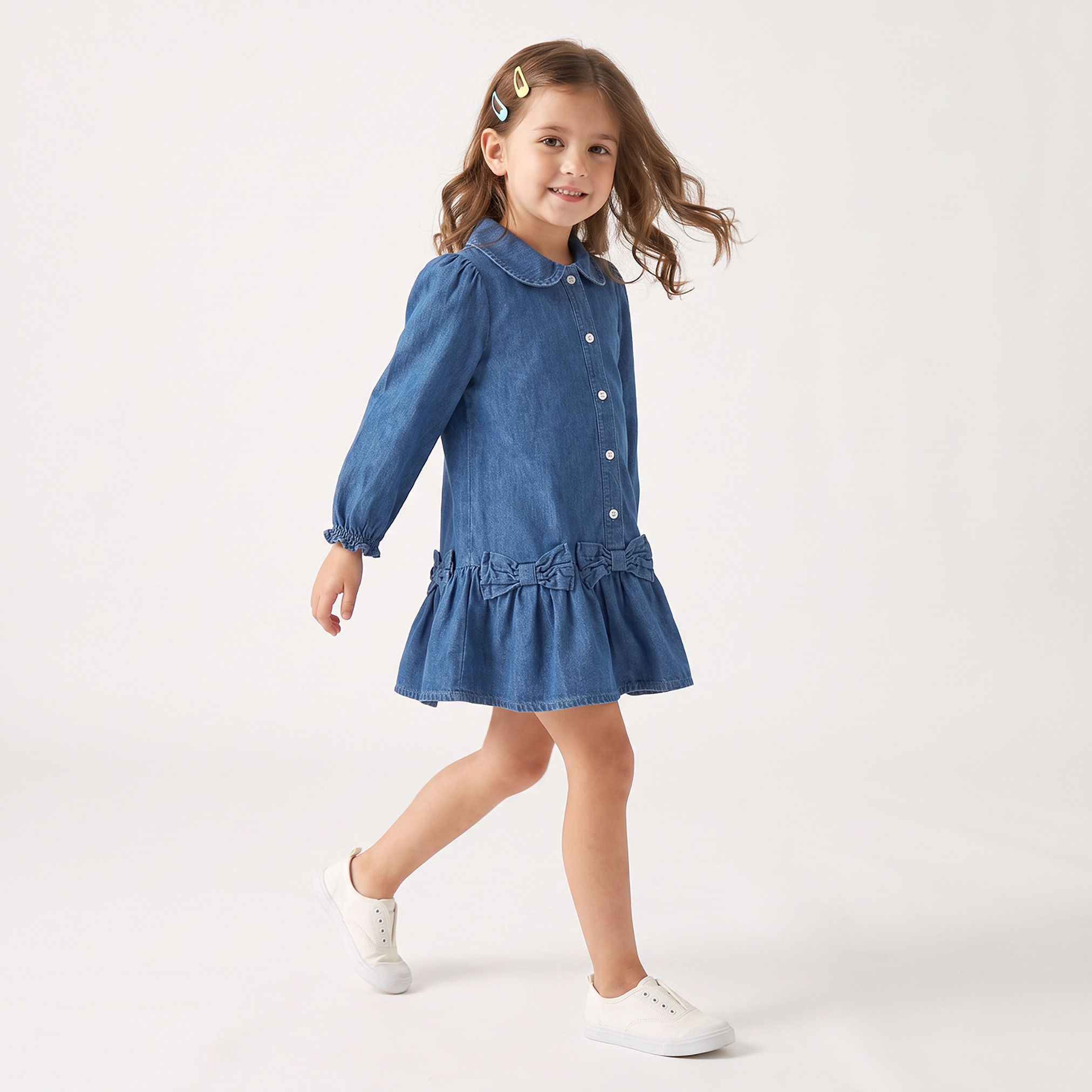 Juniors Peter Pan Collar Long Sleeves Knee Length Denim Dress with Bow Accents-girls-clothing-dressesandjumpsuits-image-5