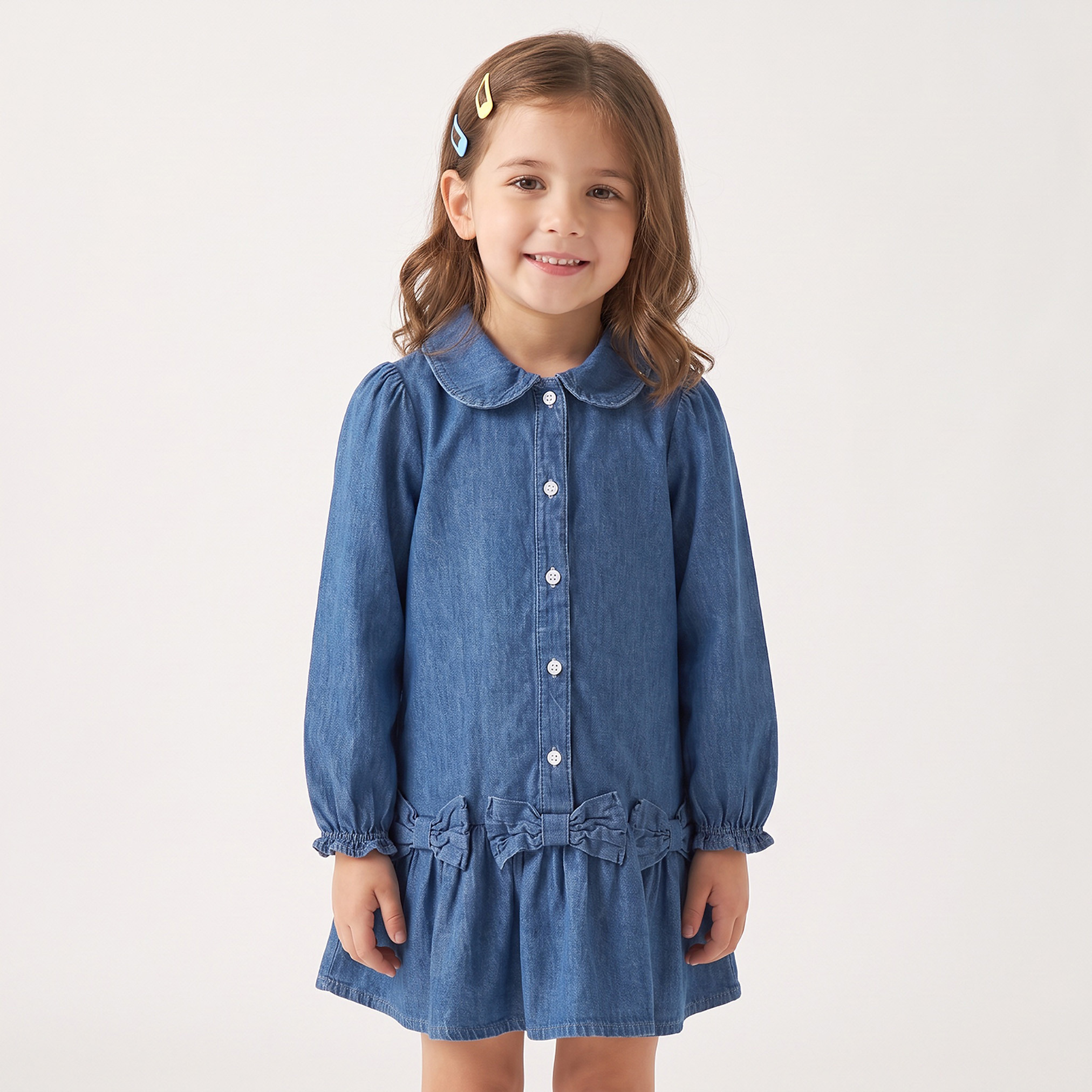 Juniors Peter Pan Collar Long Sleeves Knee Length Denim Dress with Bow Accents-girls-clothing-dressesandjumpsuits-image-6