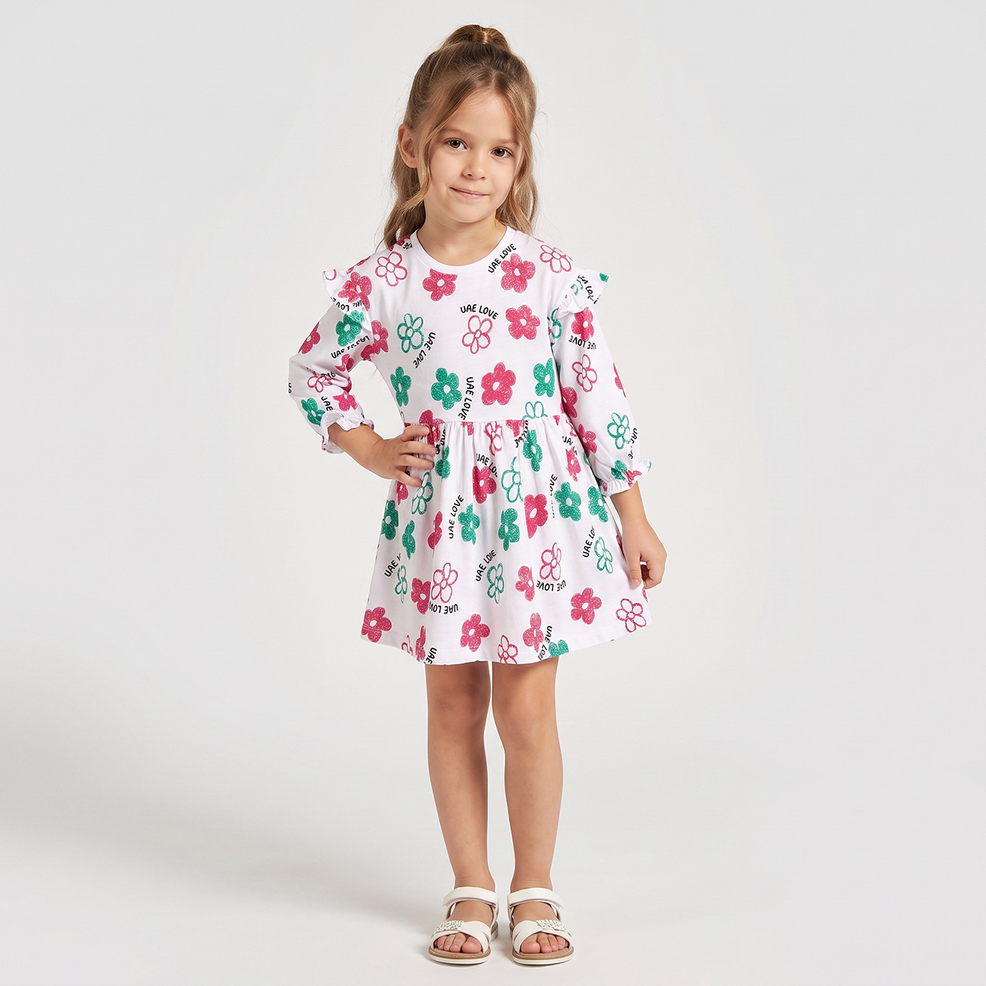 Juniors Round Neck Long Sleeves Knee Length Dress with UAE National Day Print-girls-clothing-dressesandjumpsuits-image-1