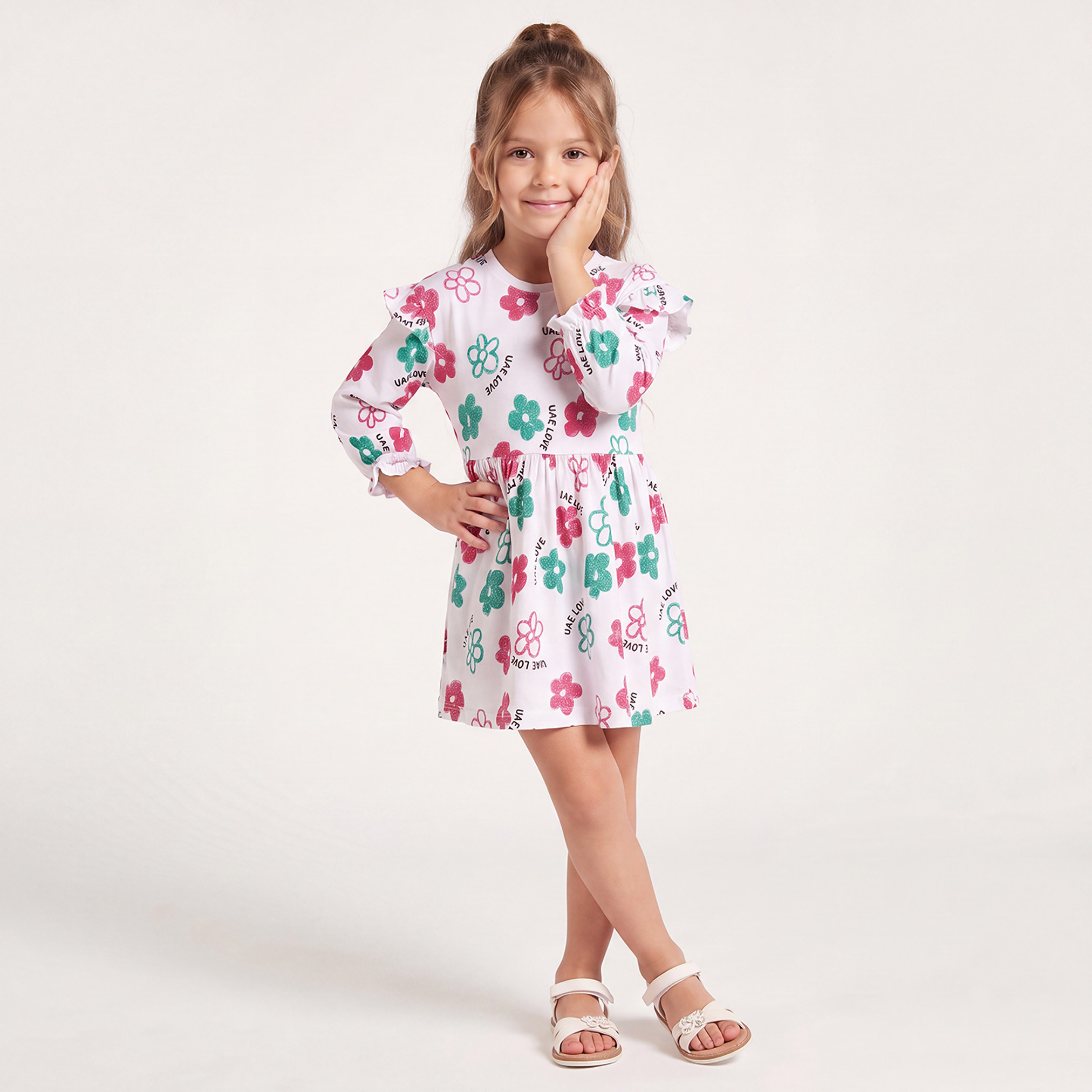 Juniors Round Neck Long Sleeves Knee Length Dress with UAE National Day Print-girls-clothing-dressesandjumpsuits-image-4