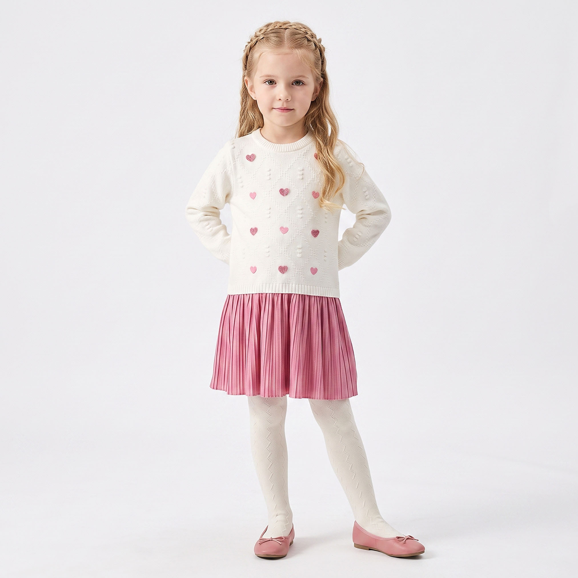 Juniors Round Neck Long Sleeves Knee Length Dress with Tights-girls-clothing-dressesandjumpsuits-image-1