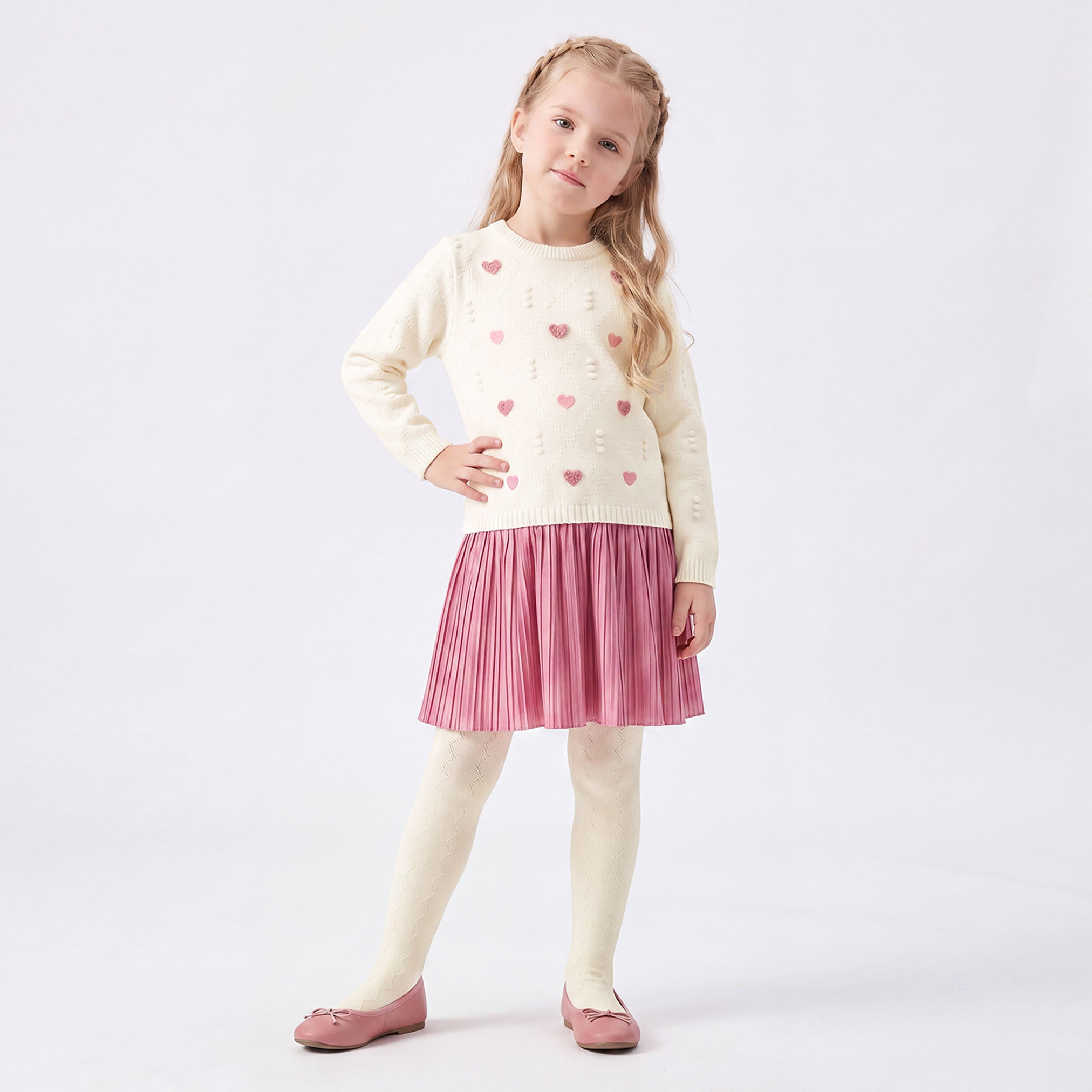 Juniors Round Neck Long Sleeves Knee Length Dress with Tights-girls-clothing-dressesandjumpsuits-image-5