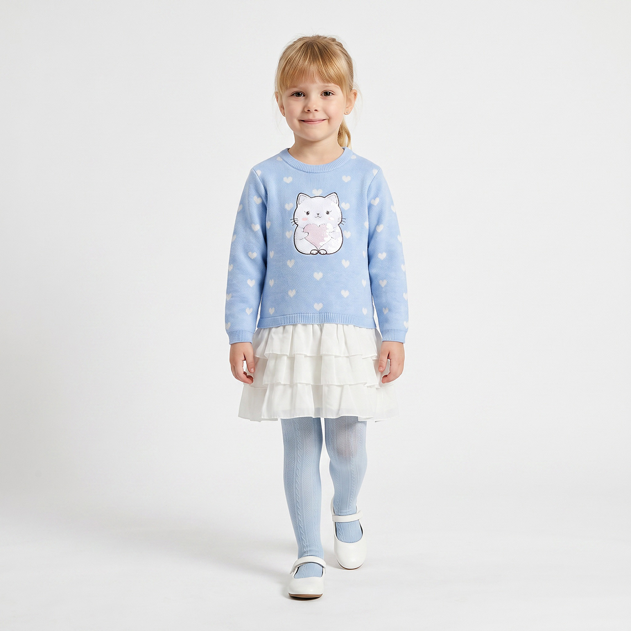 Juniors Round Neck Long Sleeves Knee Length A-line Dress with Print and Tights-girls-clothing-dressesandjumpsuits-image-1