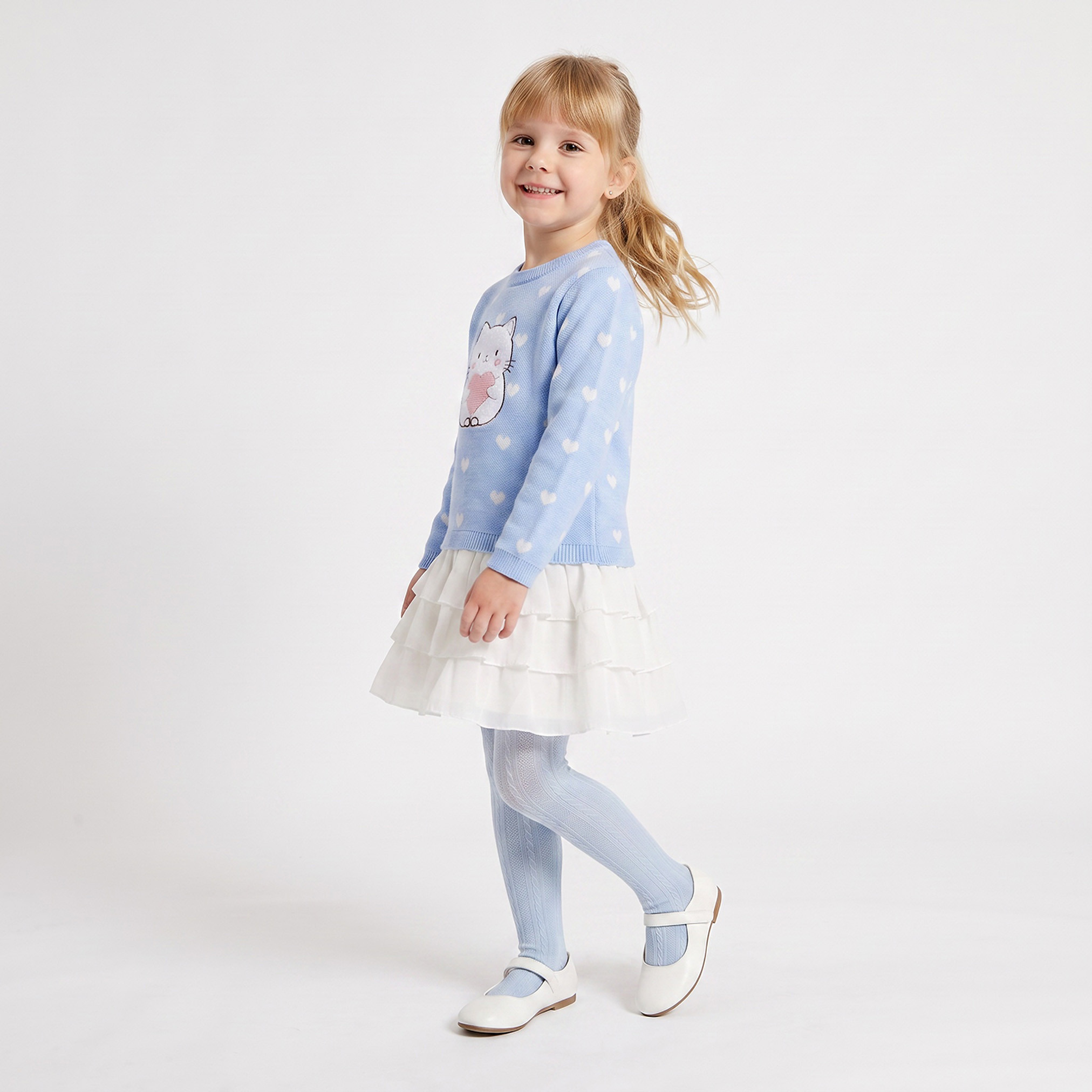 Juniors Round Neck Long Sleeves Knee Length A-line Dress with Print and Tights-girls-clothing-dressesandjumpsuits-image-2