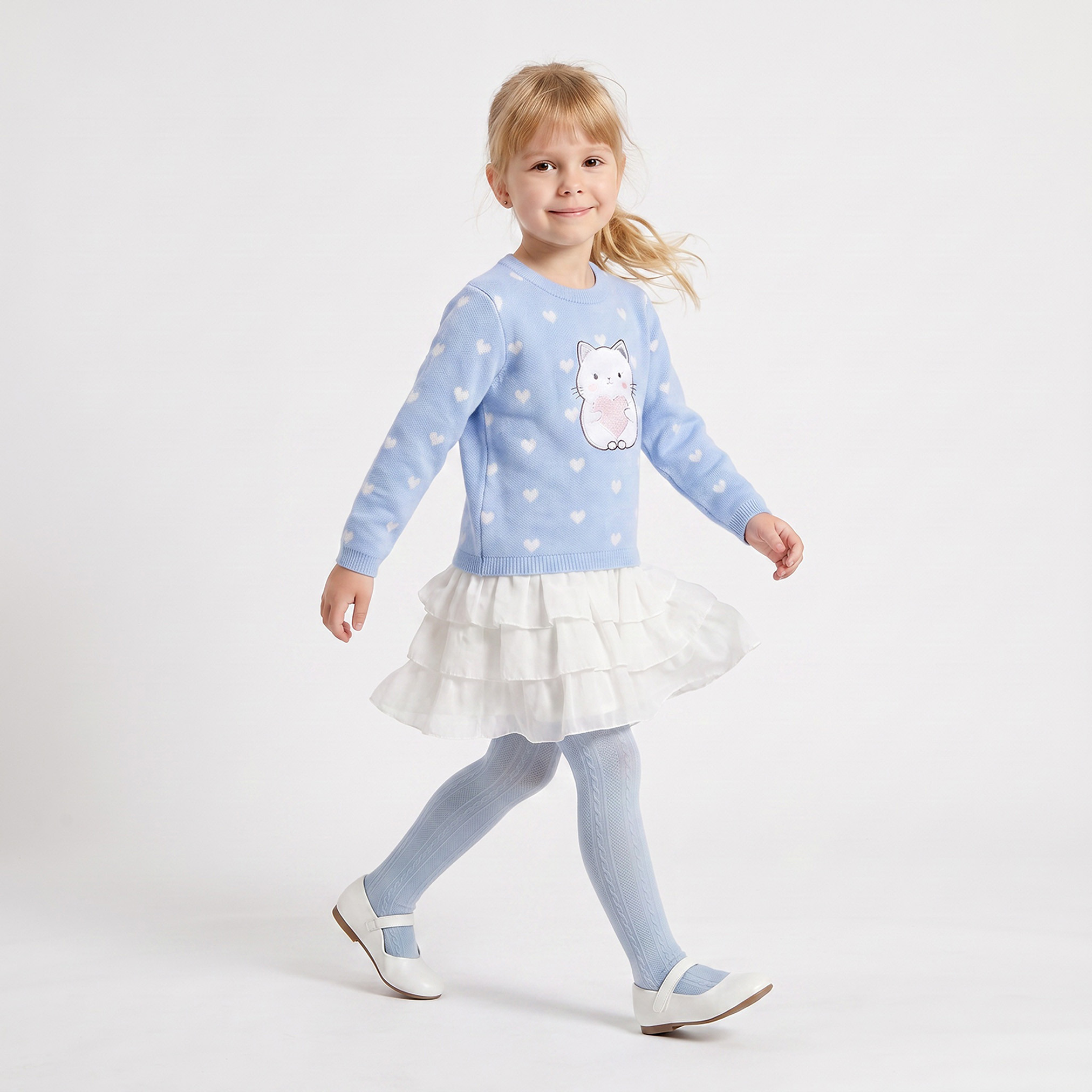 Juniors Round Neck Long Sleeves Knee Length A-line Dress with Print and Tights-girls-clothing-dressesandjumpsuits-image-4