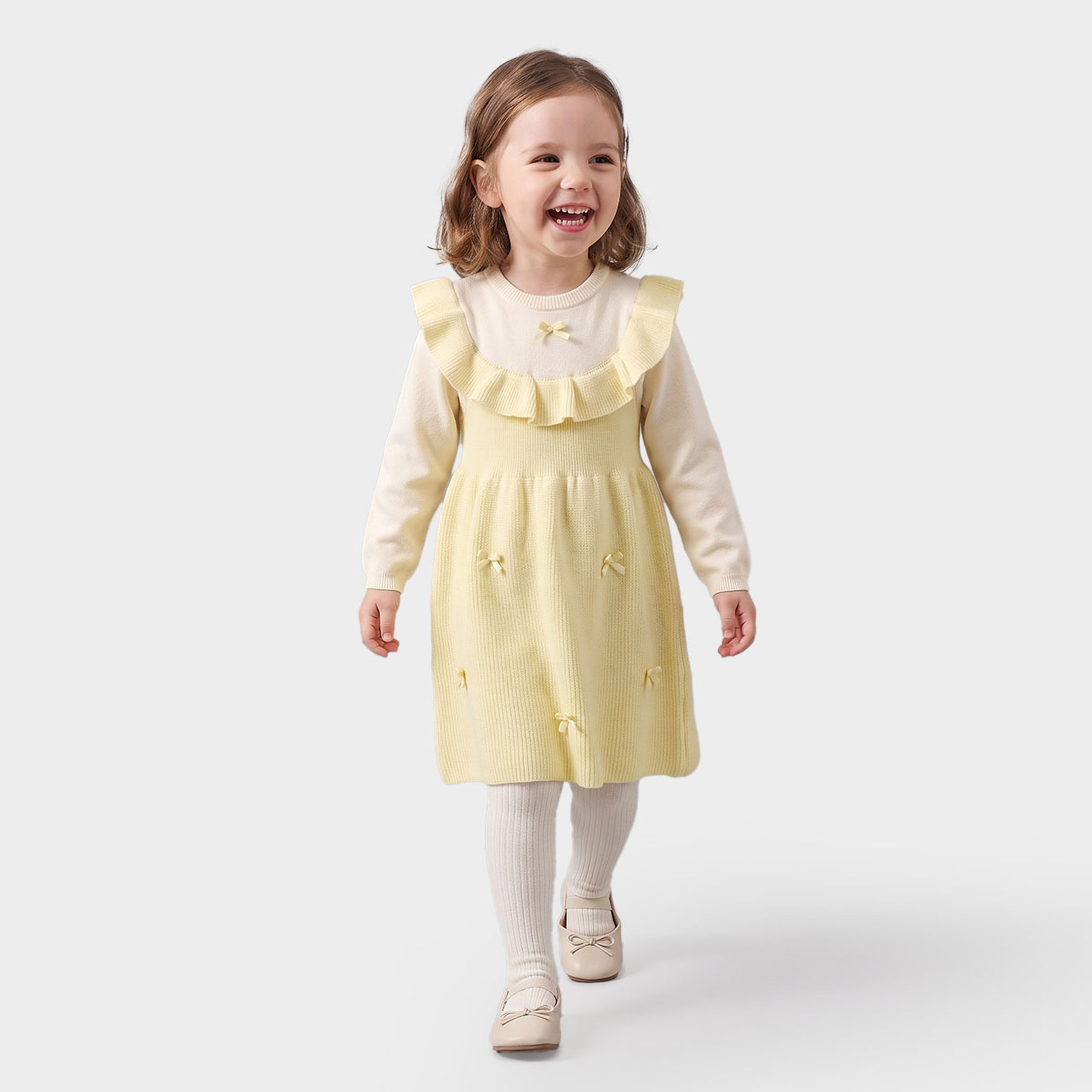 Juniors Round Neck Long Sleeves Knee Length Dress with Tights-girls-clothing-dressesandjumpsuits-image-1