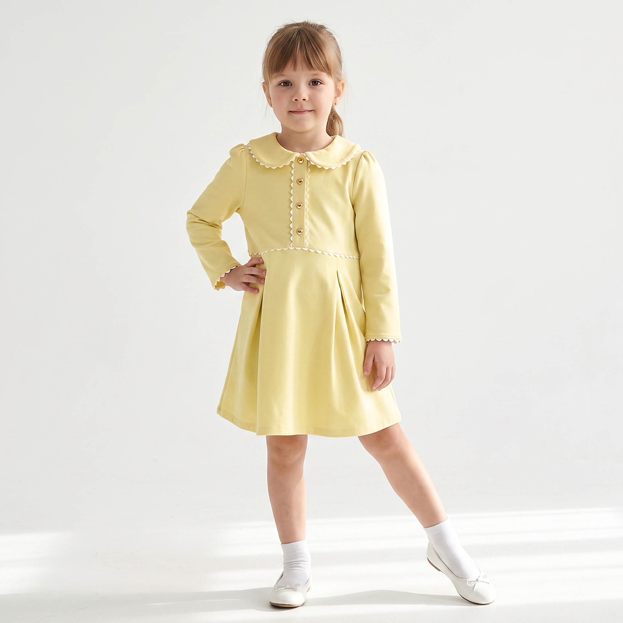 Juniors Peter Pan Long Sleeves Knee Length Dress with Pleated Design-girls-clothing-dressesandjumpsuits-image-1