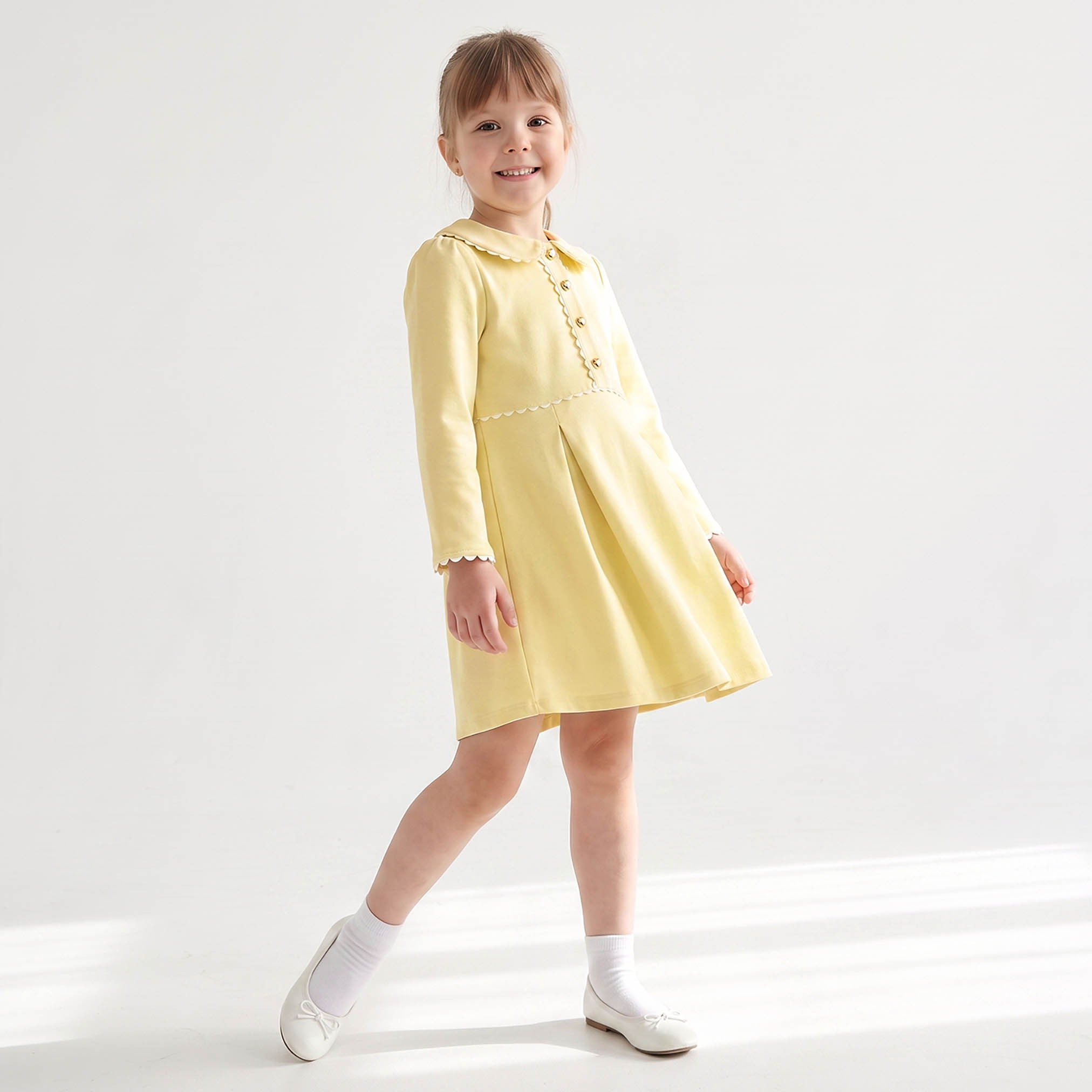 Juniors Peter Pan Long Sleeves Knee Length Dress with Pleated Design-girls-clothing-dressesandjumpsuits-image-4