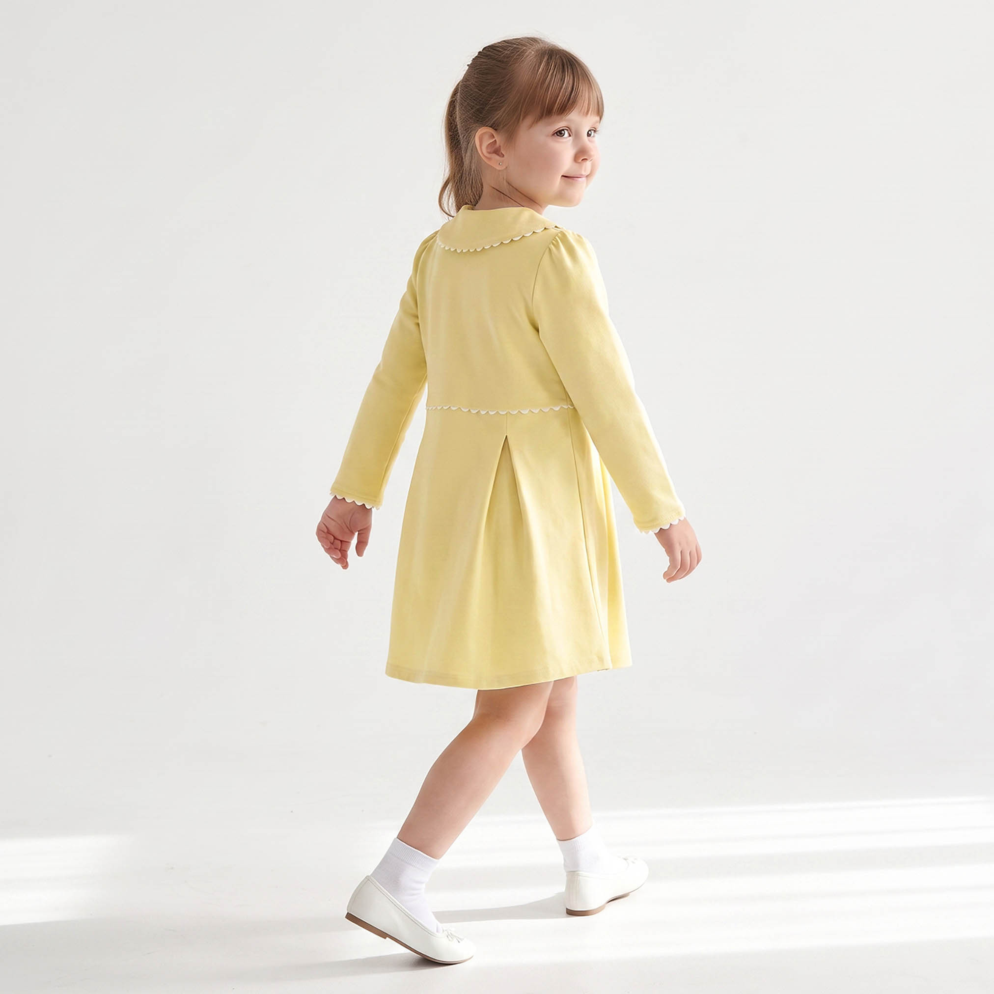 Juniors Peter Pan Long Sleeves Knee Length Dress with Pleated Design-girls-clothing-dressesandjumpsuits-image-2