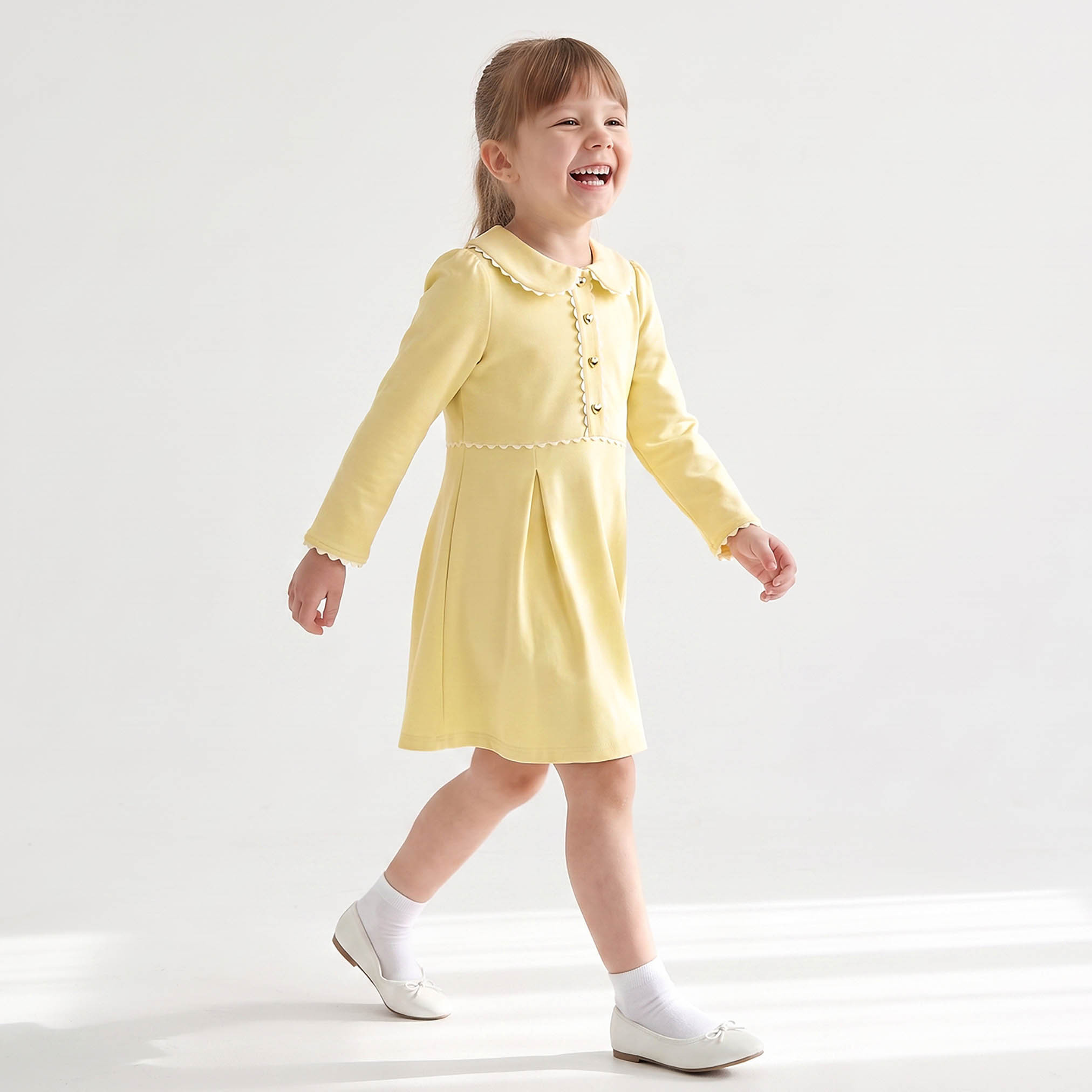 Juniors Peter Pan Long Sleeves Knee Length Dress with Pleated Design-girls-clothing-dressesandjumpsuits-image-5