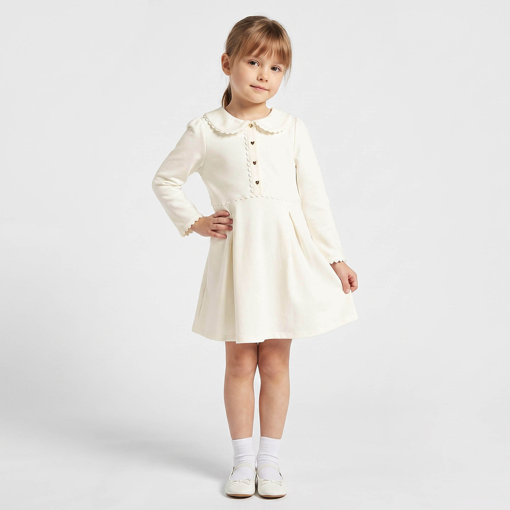 Juniors Peter Pan Long Sleeves Knee Length Dress with Pleated Design-girls-clothing-dressesandjumpsuits-image-1