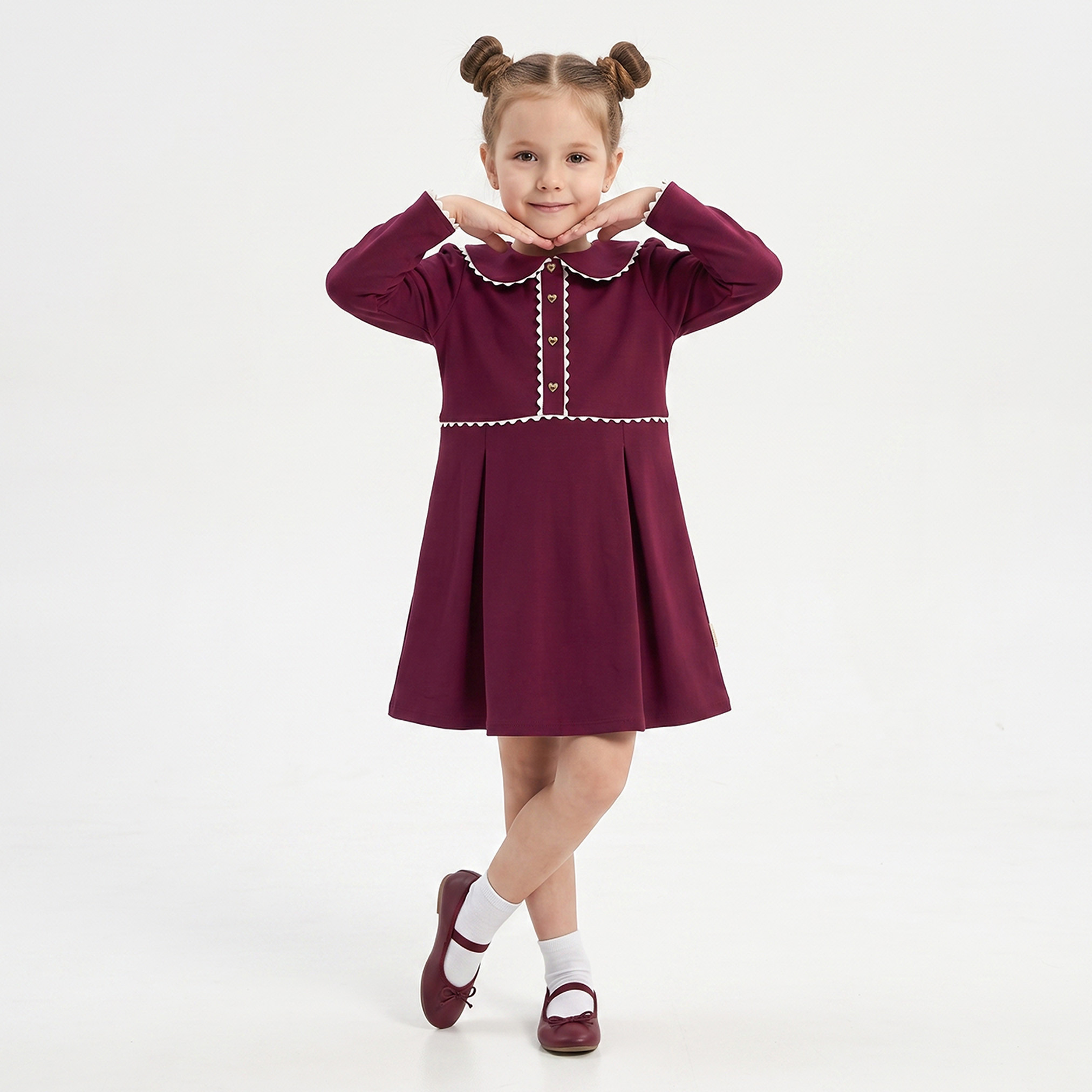 Juniors Peter Pan Long Sleeves Knee Length Dress with Pleated Design-girls-clothing-dressesandjumpsuits-image-1