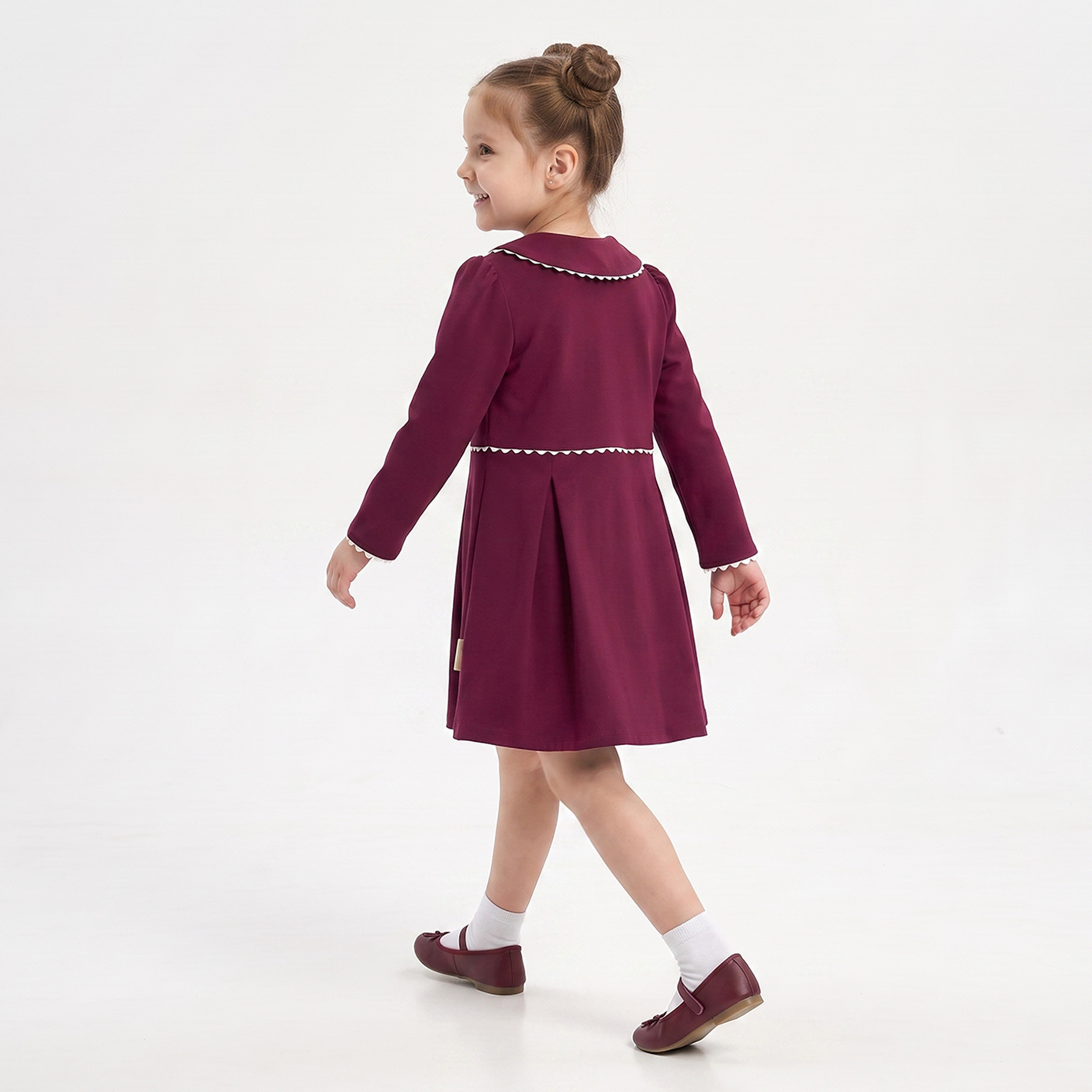 Juniors Peter Pan Long Sleeves Knee Length Dress with Pleated Design-girls-clothing-dressesandjumpsuits-image-2
