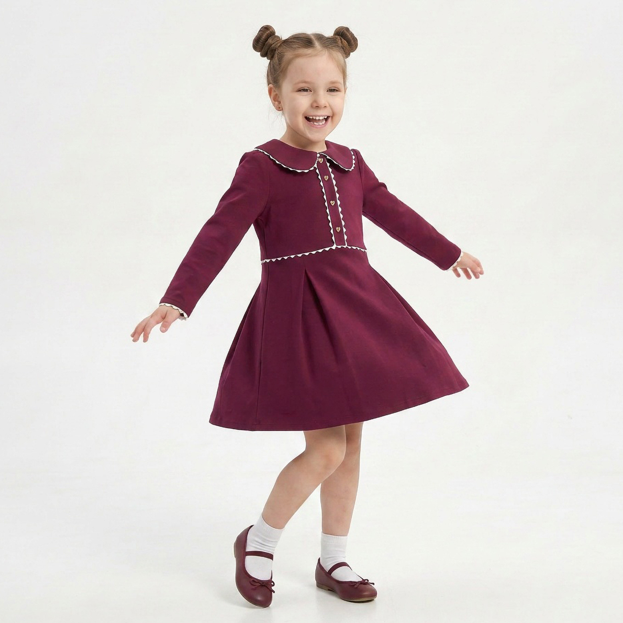Juniors Peter Pan Long Sleeves Knee Length Dress with Pleated Design-girls-clothing-dressesandjumpsuits-image-4