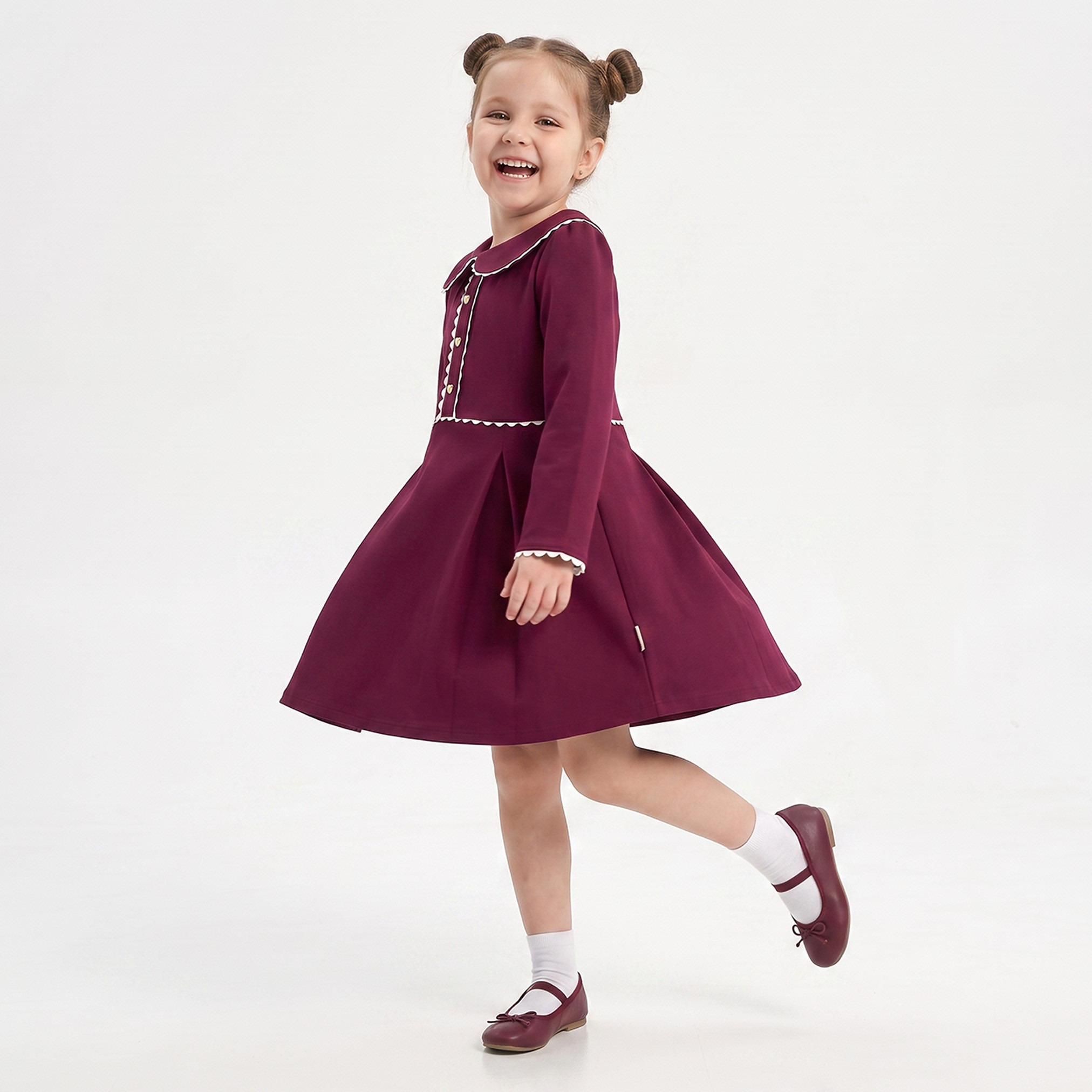 Juniors Peter Pan Long Sleeves Knee Length Dress with Pleated Design-girls-clothing-dressesandjumpsuits-image-5