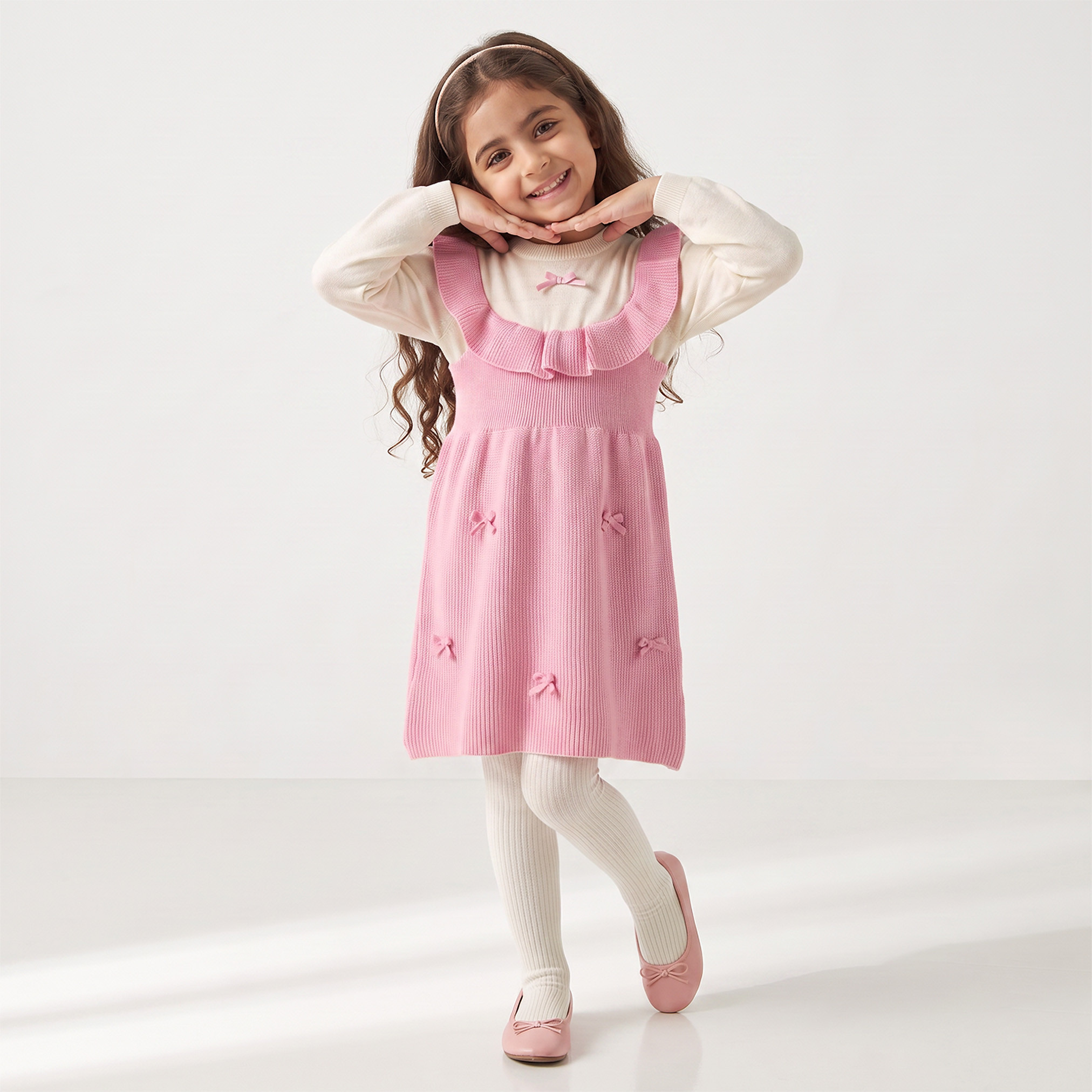 Juniors Round Neck Long Sleeves Knee Length Dress with Tights-girls-clothing-dressesandjumpsuits-image-1