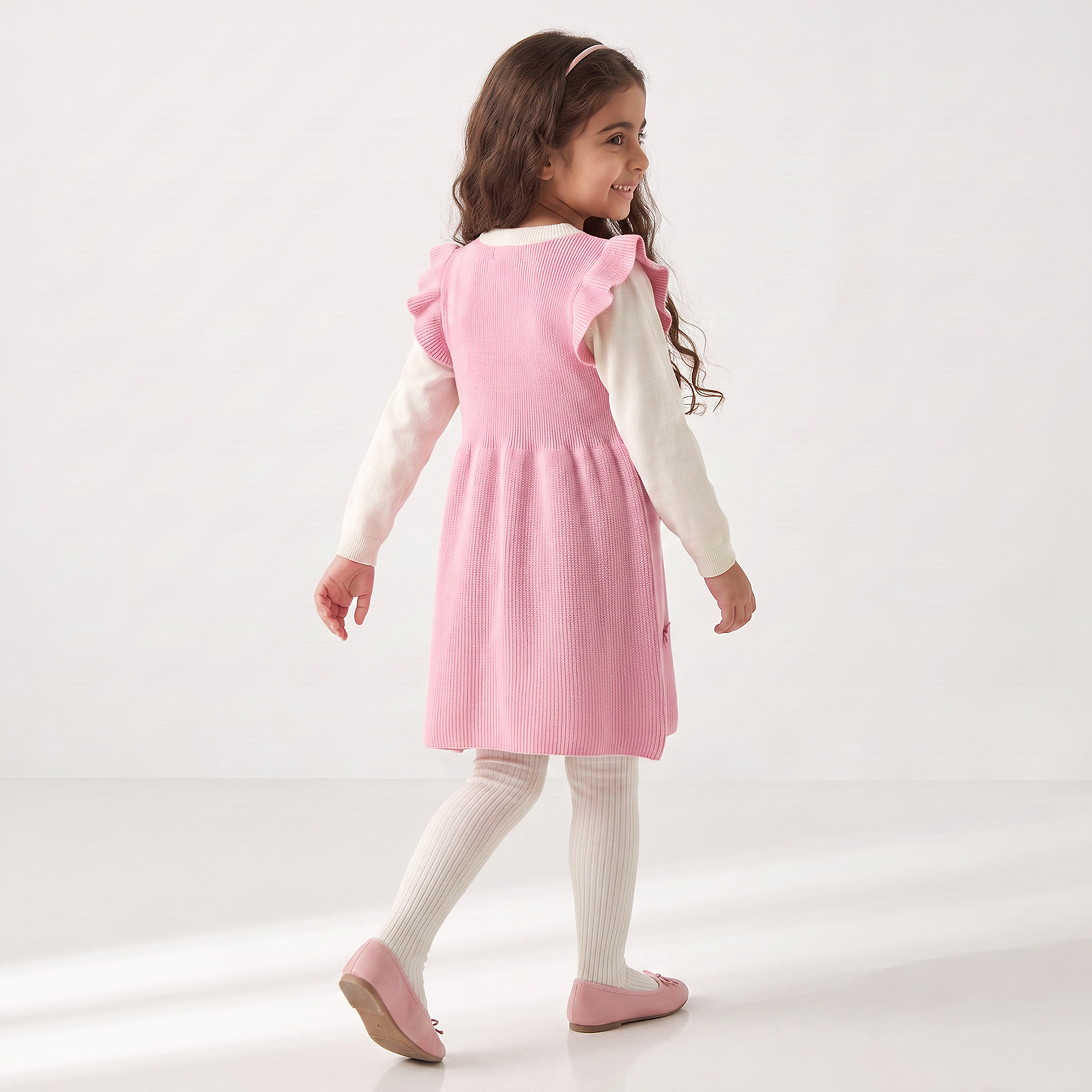 Juniors Round Neck Long Sleeves Knee Length Dress with Tights-girls-clothing-dressesandjumpsuits-image-2