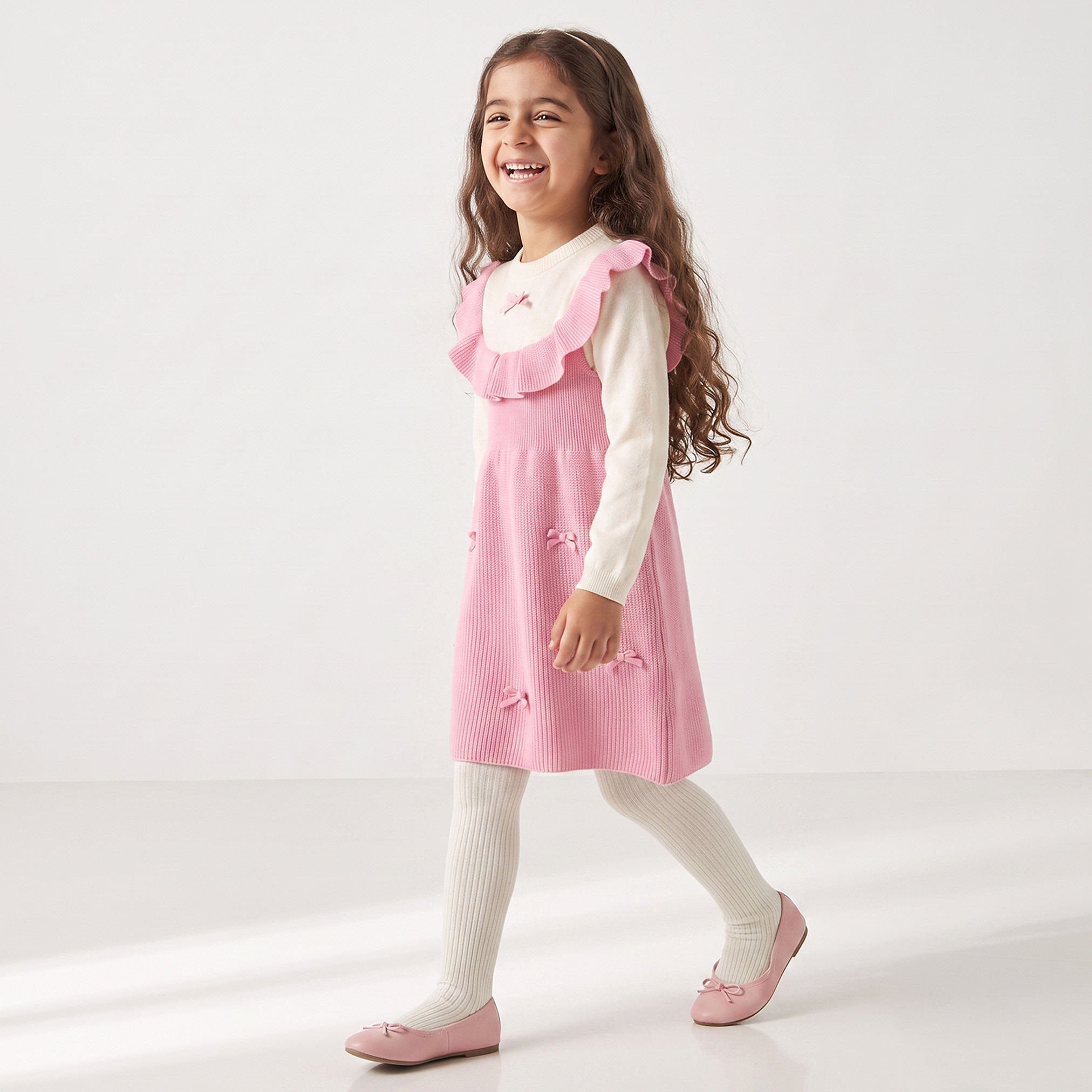 Juniors Round Neck Long Sleeves Knee Length Dress with Tights-girls-clothing-dressesandjumpsuits-image-3