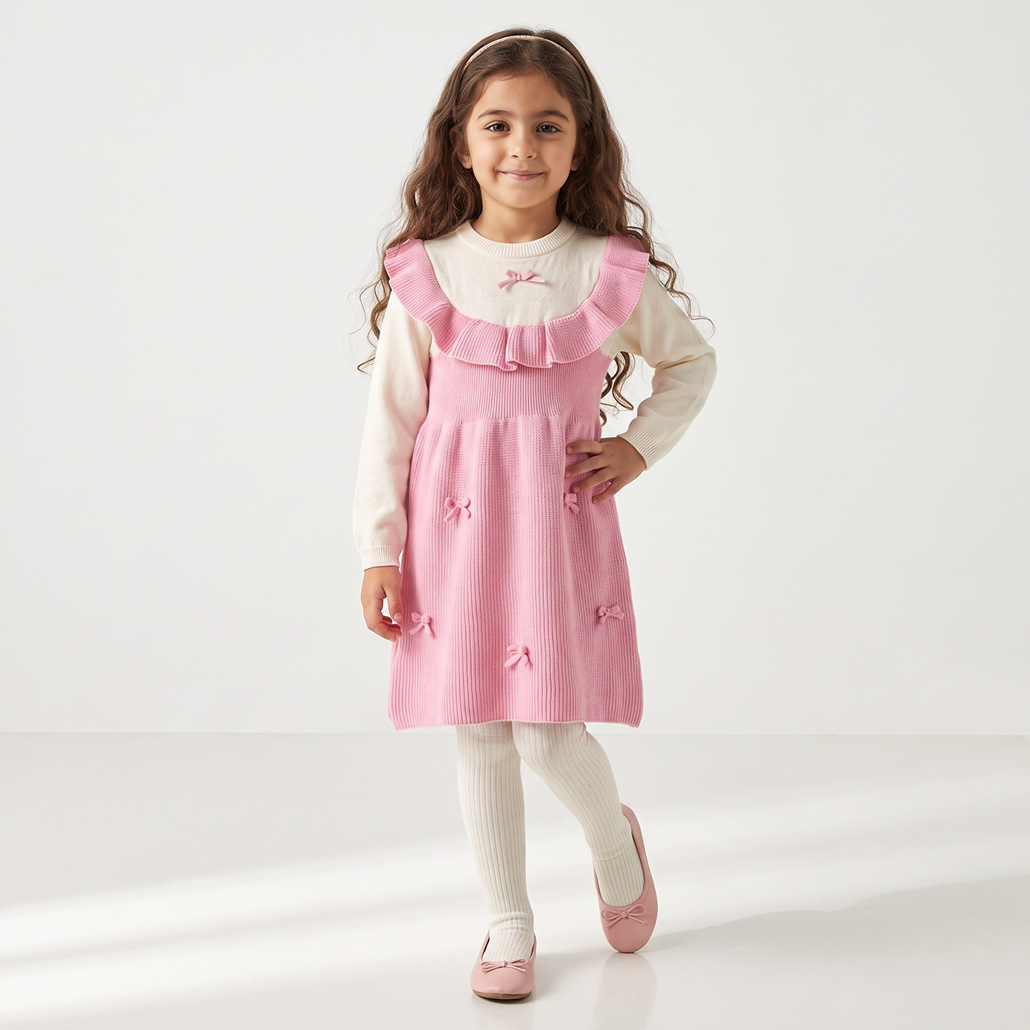 Juniors Round Neck Long Sleeves Knee Length Dress with Tights-girls-clothing-dressesandjumpsuits-image-4