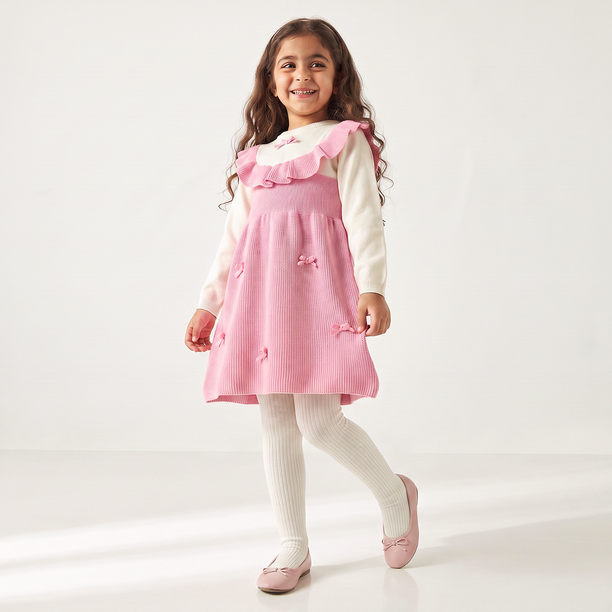 Juniors Round Neck Long Sleeves Knee Length Dress with Tights-girls-clothing-dressesandjumpsuits-image-5