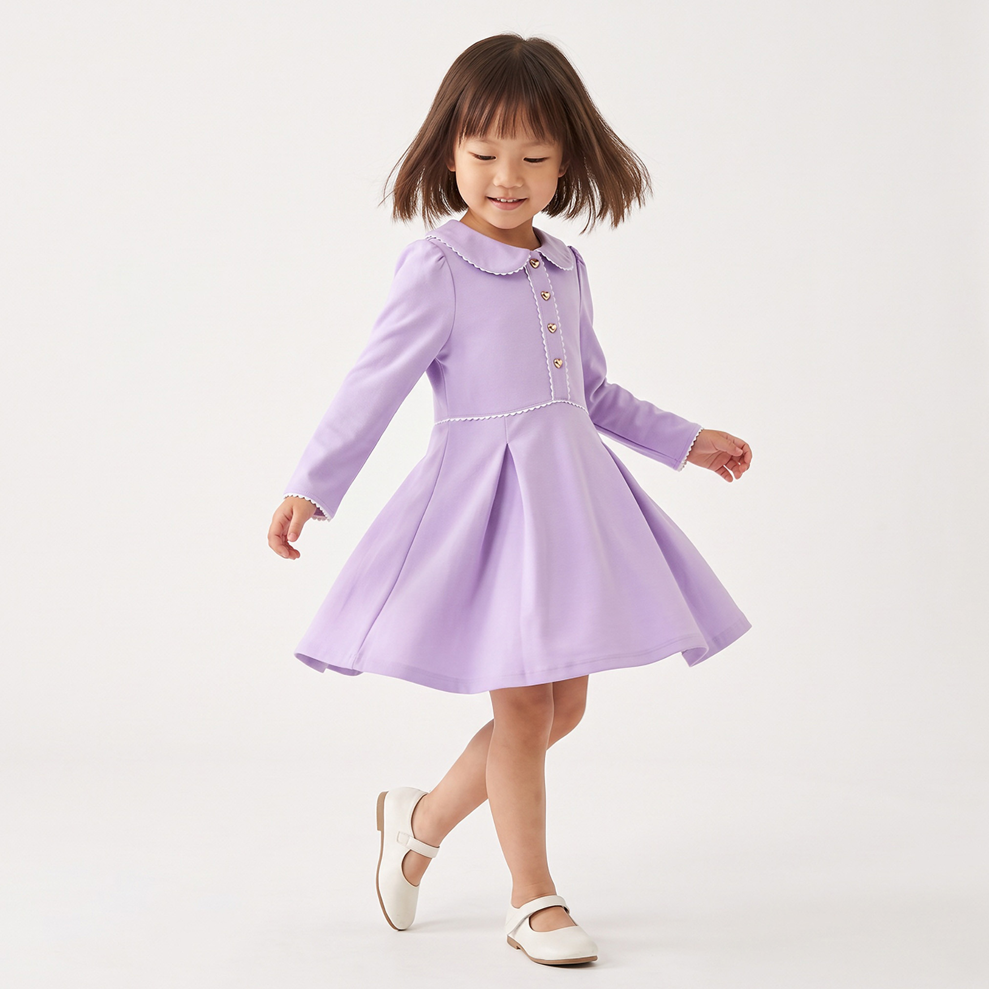 Juniors Peter Pan Collar Long Sleeves Knee Length Dress with Pleats-girls-clothing-dressesandjumpsuits-image-1
