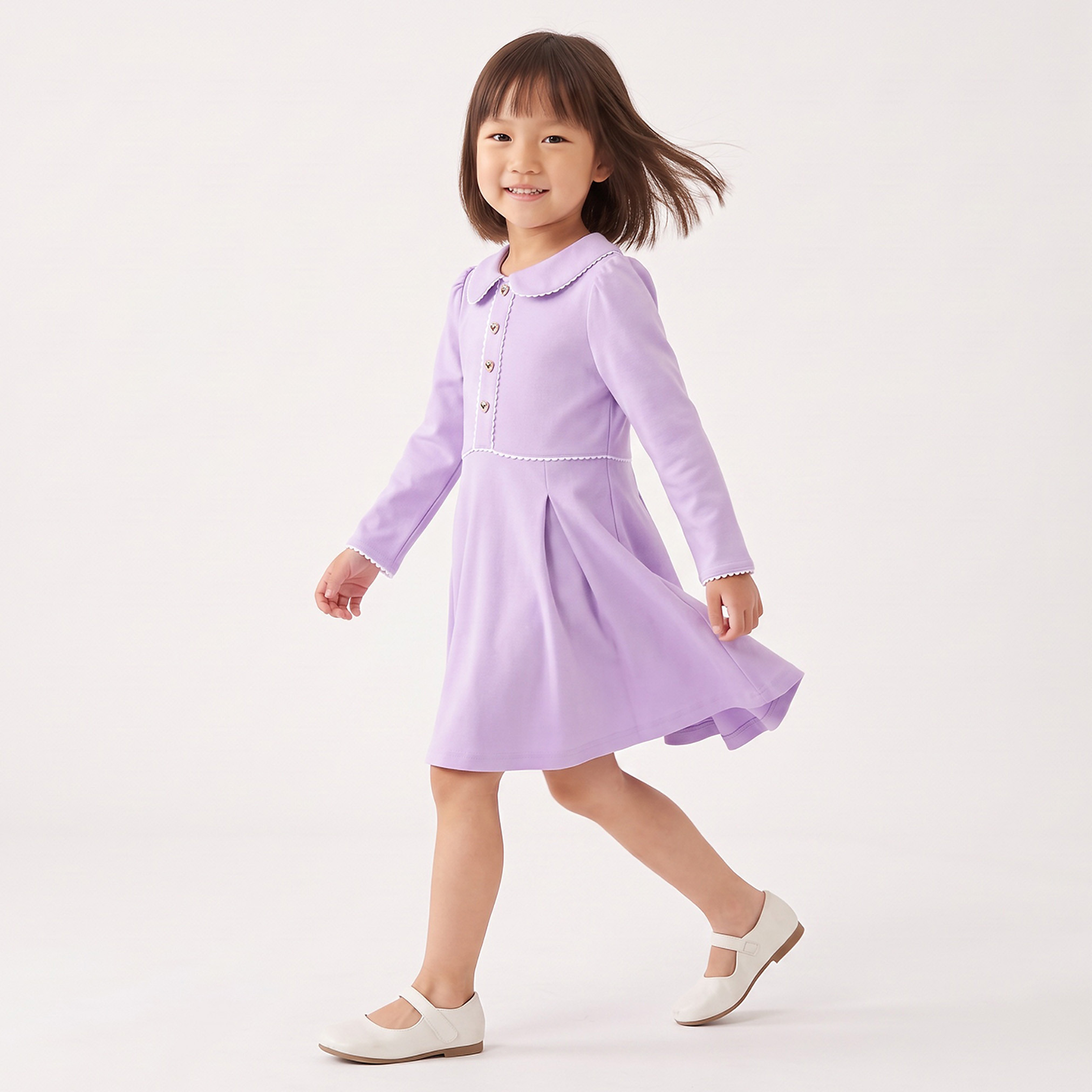 Juniors Peter Pan Collar Long Sleeves Knee Length Dress with Pleats-girls-clothing-dressesandjumpsuits-image-5