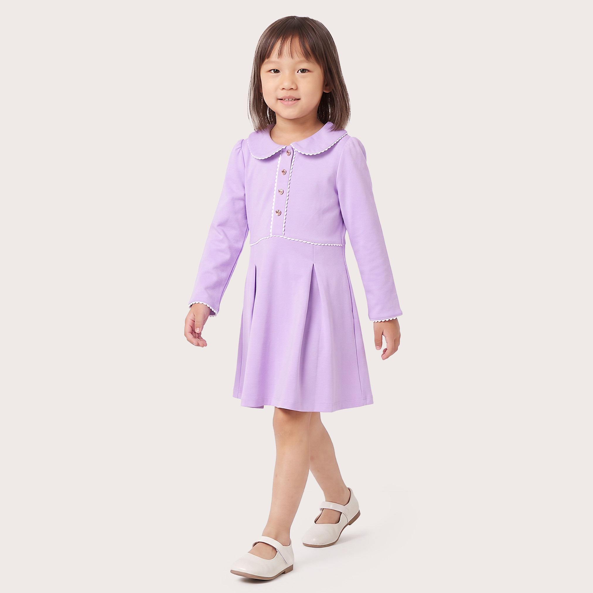 Juniors Peter Pan Collar Long Sleeves Knee Length Dress with Pleats-girls-clothing-dressesandjumpsuits-image-6
