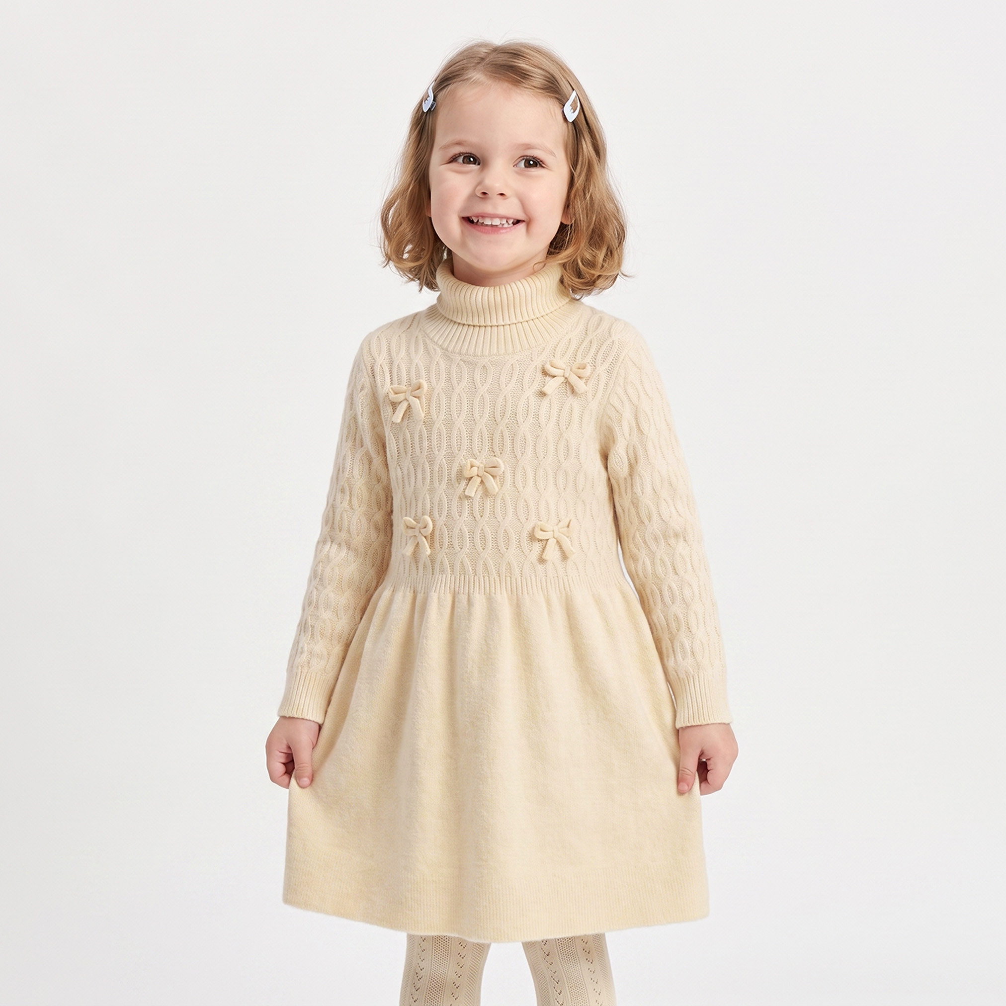 Juniors Turtle Neck Long Sleeves Knee Length Dress with Bow Accent-girls-clothing-dressesandjumpsuits-image-1