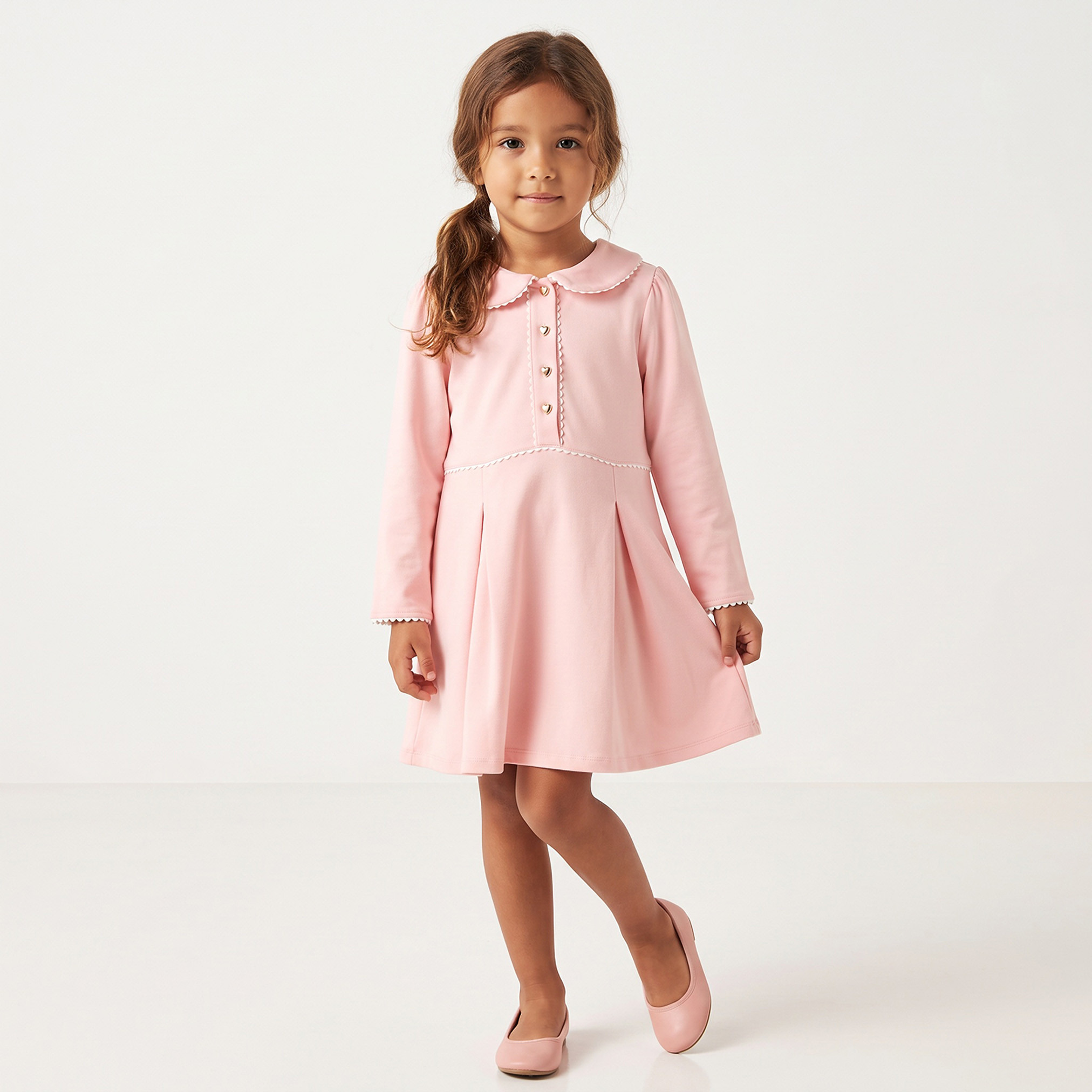 فستان طول الركبة بياقة بيتر بان وأكمام طويلة وثنايا من جونيورز-girls-clothing-dressesandjumpsuits-image-1