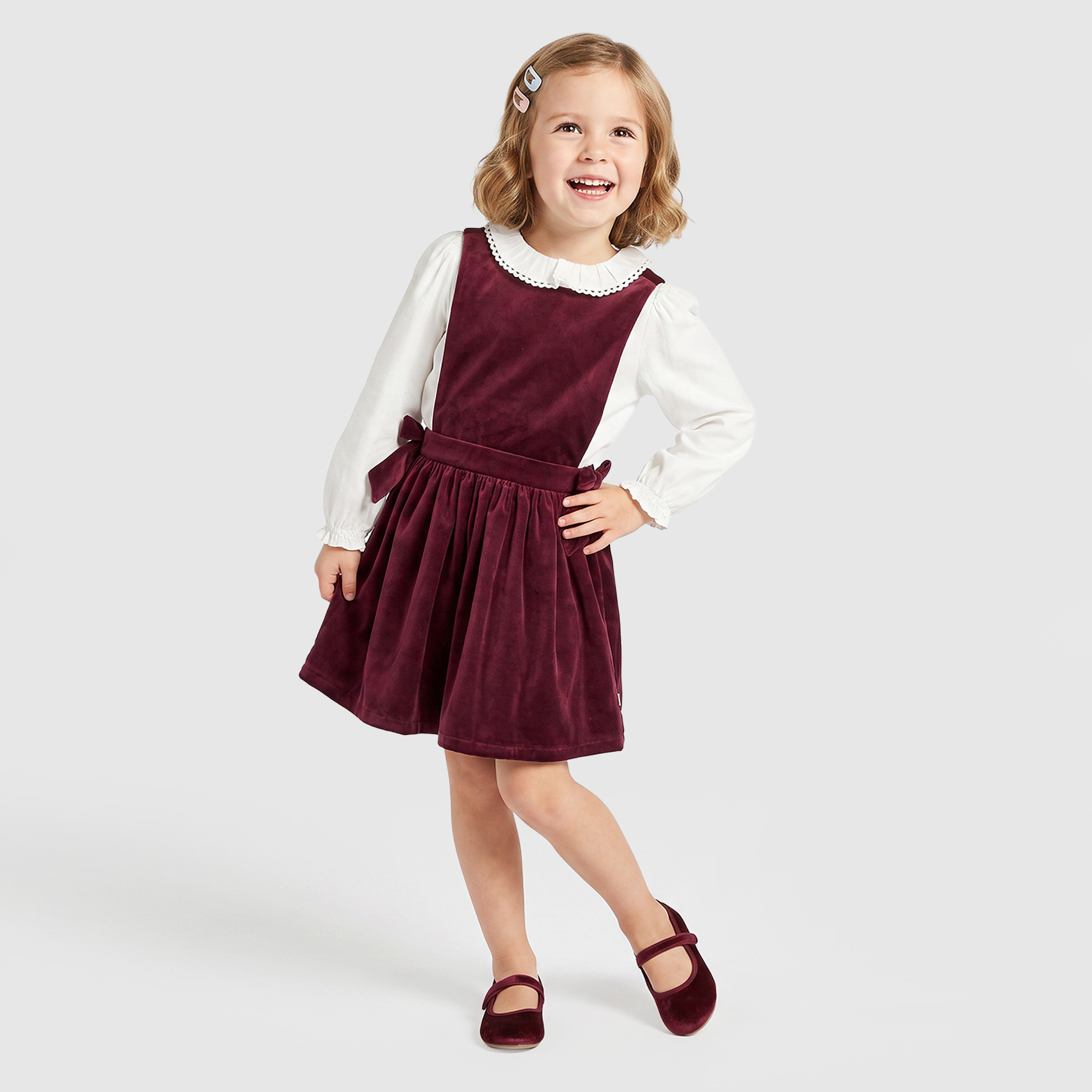 Juniors Round Neck Long Sleeves Knee Length Pinafore Dress with Bow Detail-girls-clothing-dressesandjumpsuits-image-1