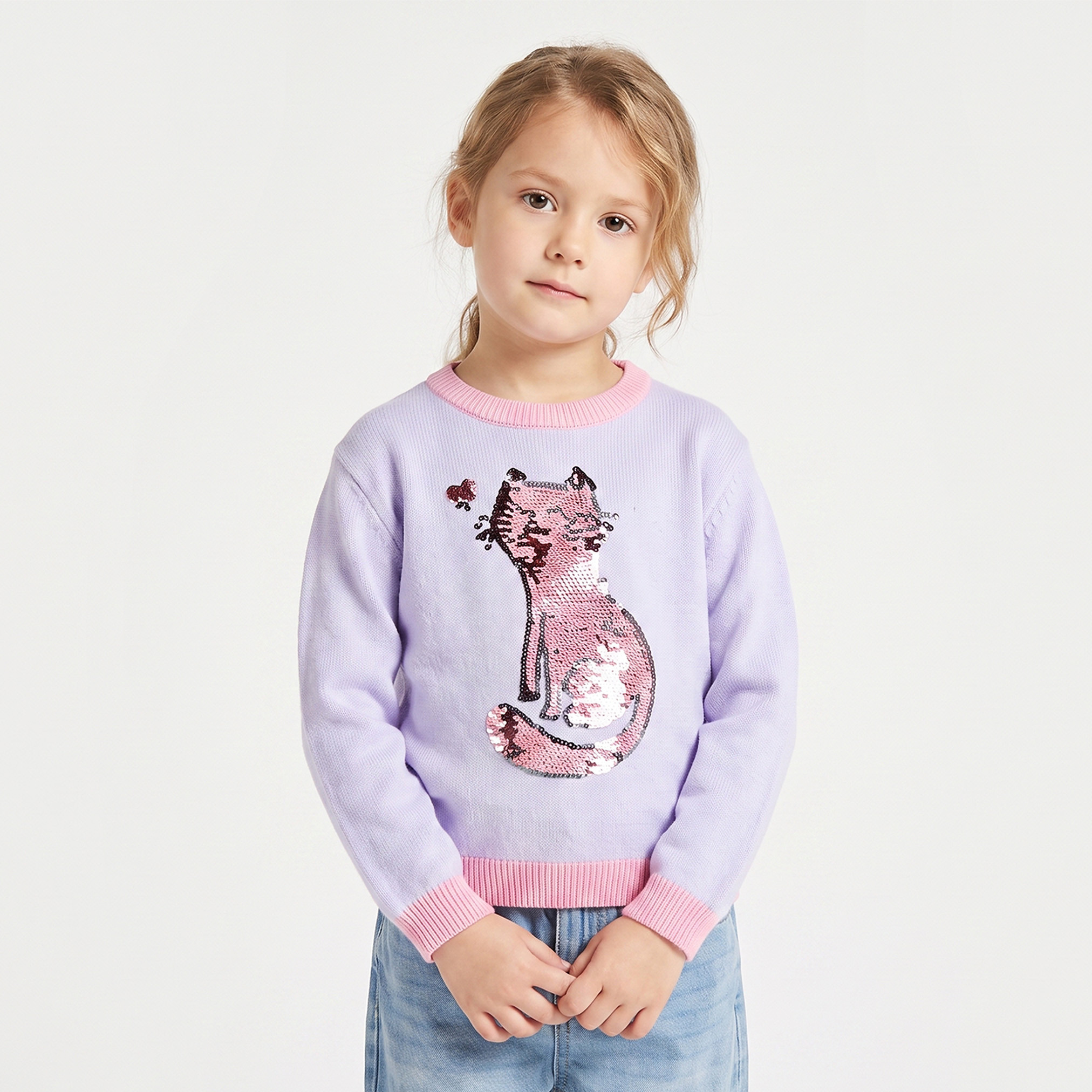 Juniors Sequin Cat Sweater with Long Sleeves-girls-clothing-jumpersandcardigans-image-1