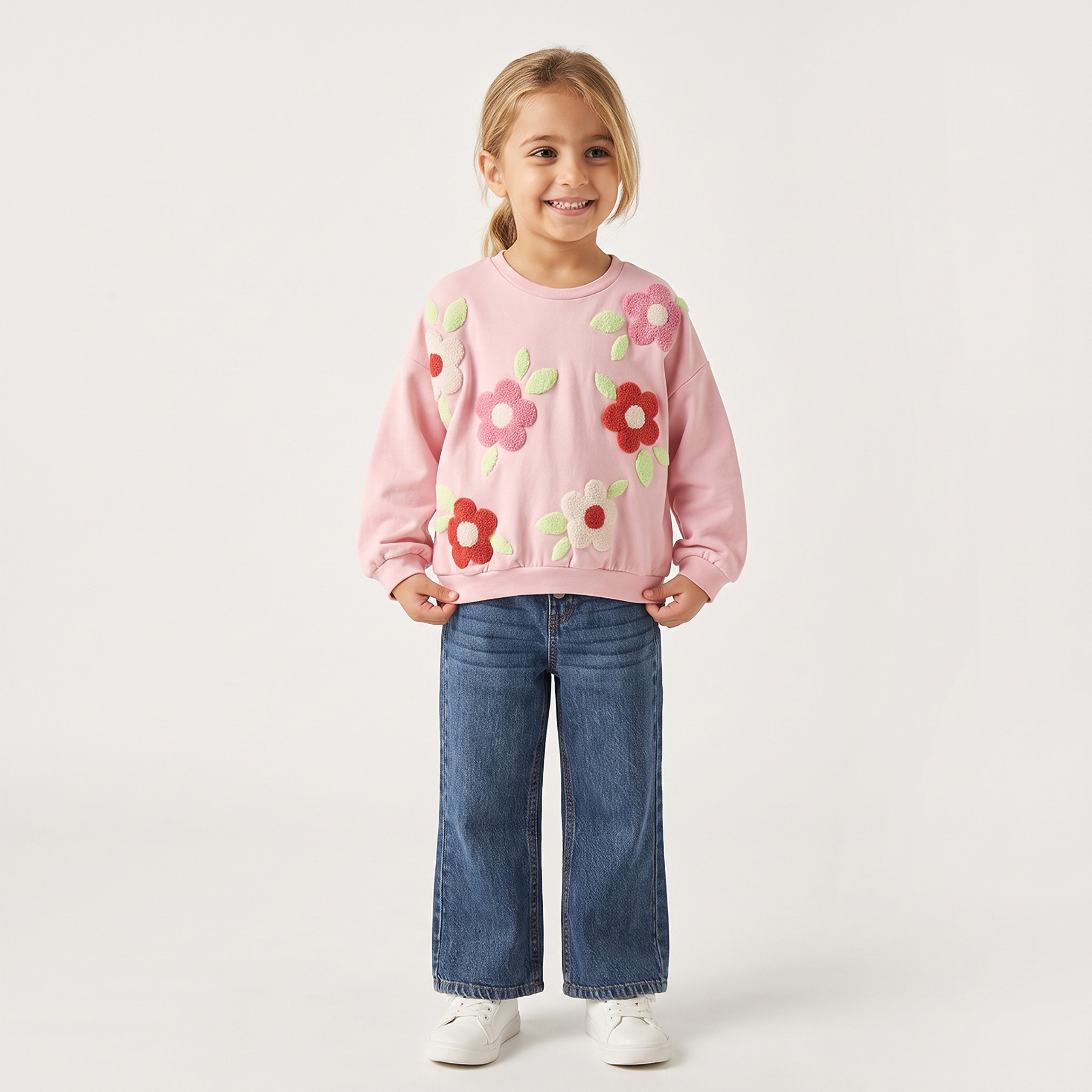 Juniors Floral Embroidered Sweatshirt with Long Sleeves-girls-clothing-sweatshirts-image-3