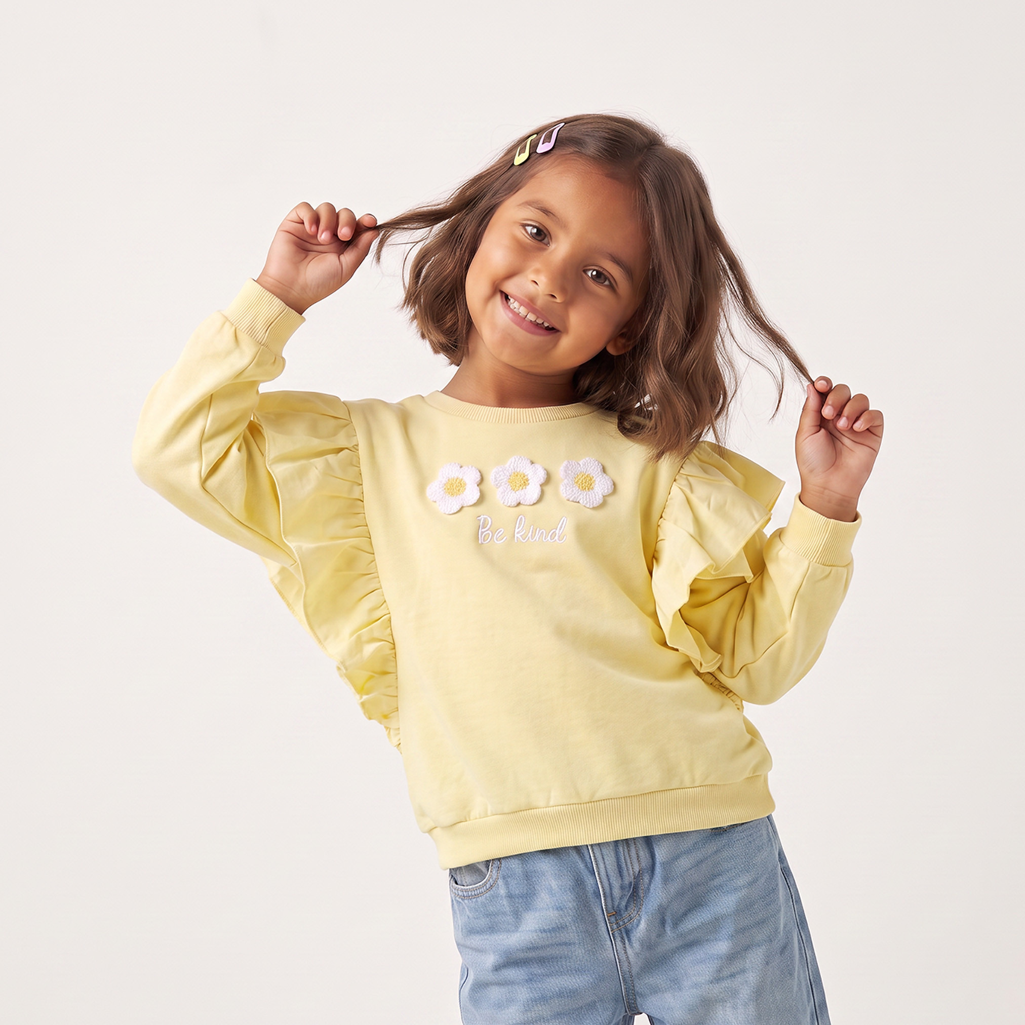 Juniors Crew Neck Sweatshirt with Floral Applique-girls-clothing-sweatshirts-image-1