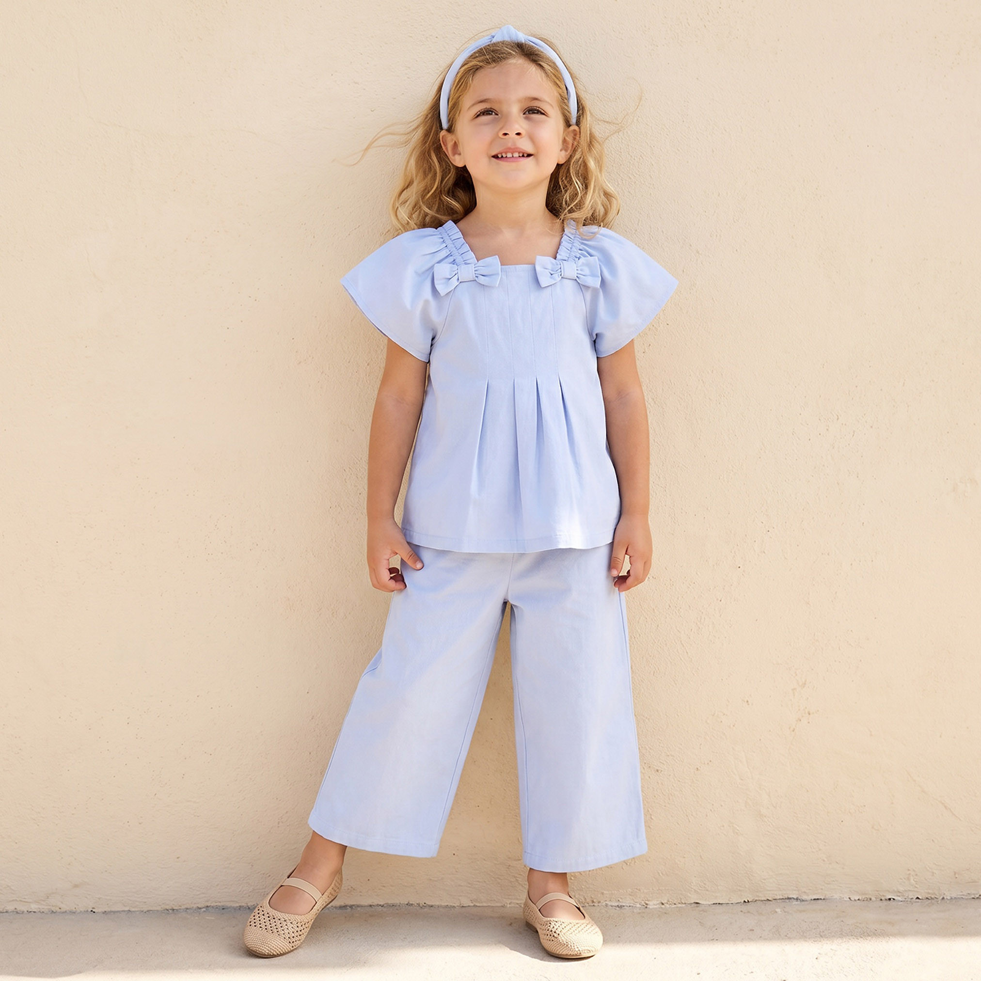 Juniors Square Neck Short Sleeves Top and Pants Set with Bow Accent-baby-girls-clothing-setsandcoords-image-1