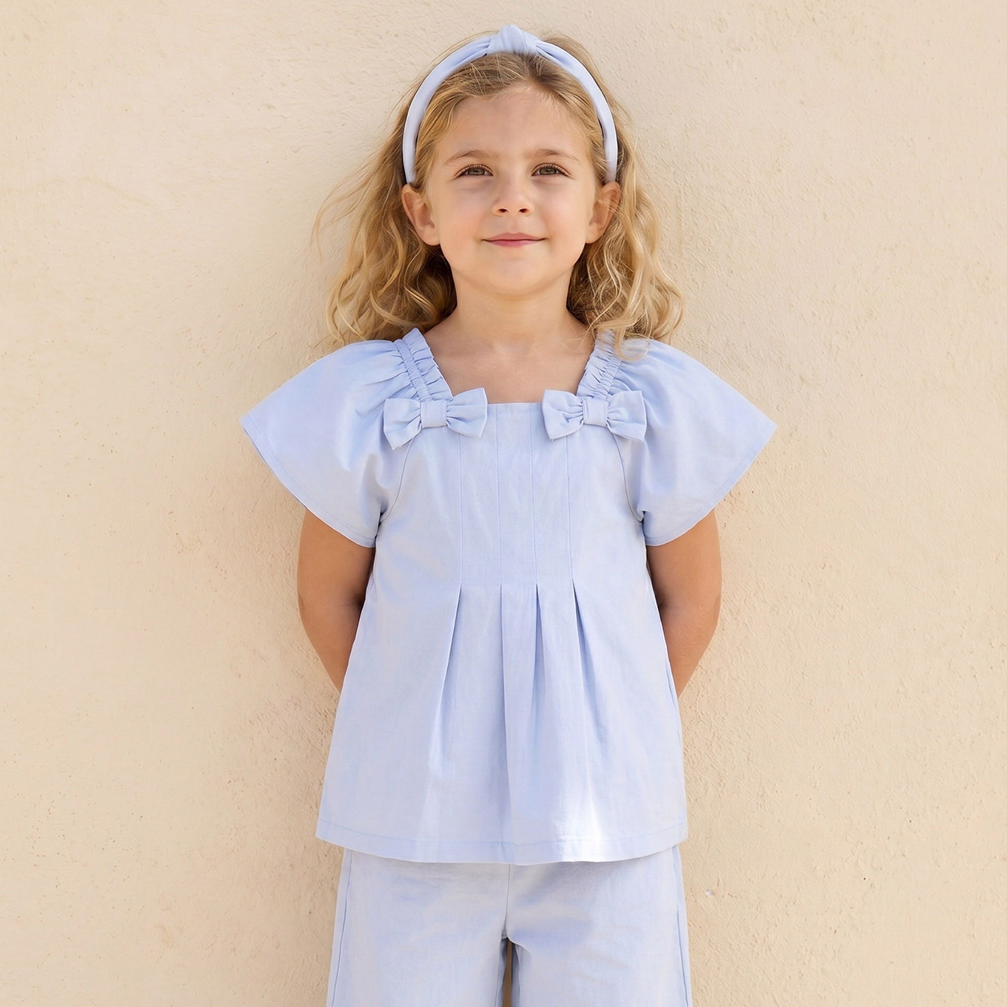 Juniors Square Neck Short Sleeves Top and Pants Set with Bow Accent-baby-girls-clothing-setsandcoords-image-2