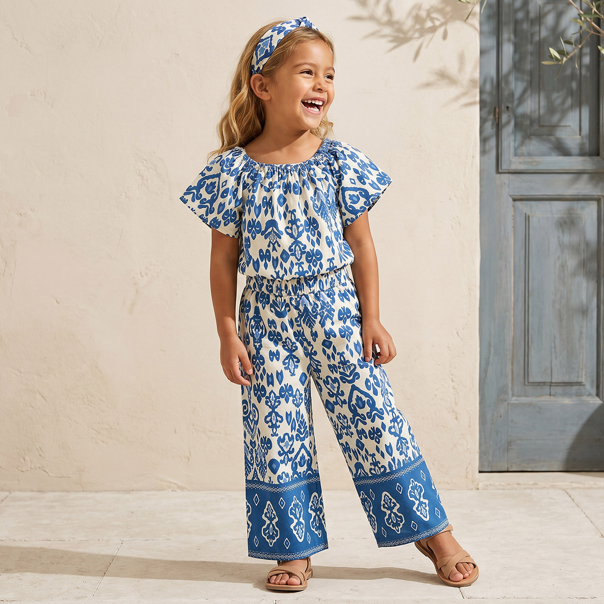 Juniors Round Neck Short Sleeves Top and Pants Set with Ikat Print-baby-girls-clothing-setsandcoords-image-1