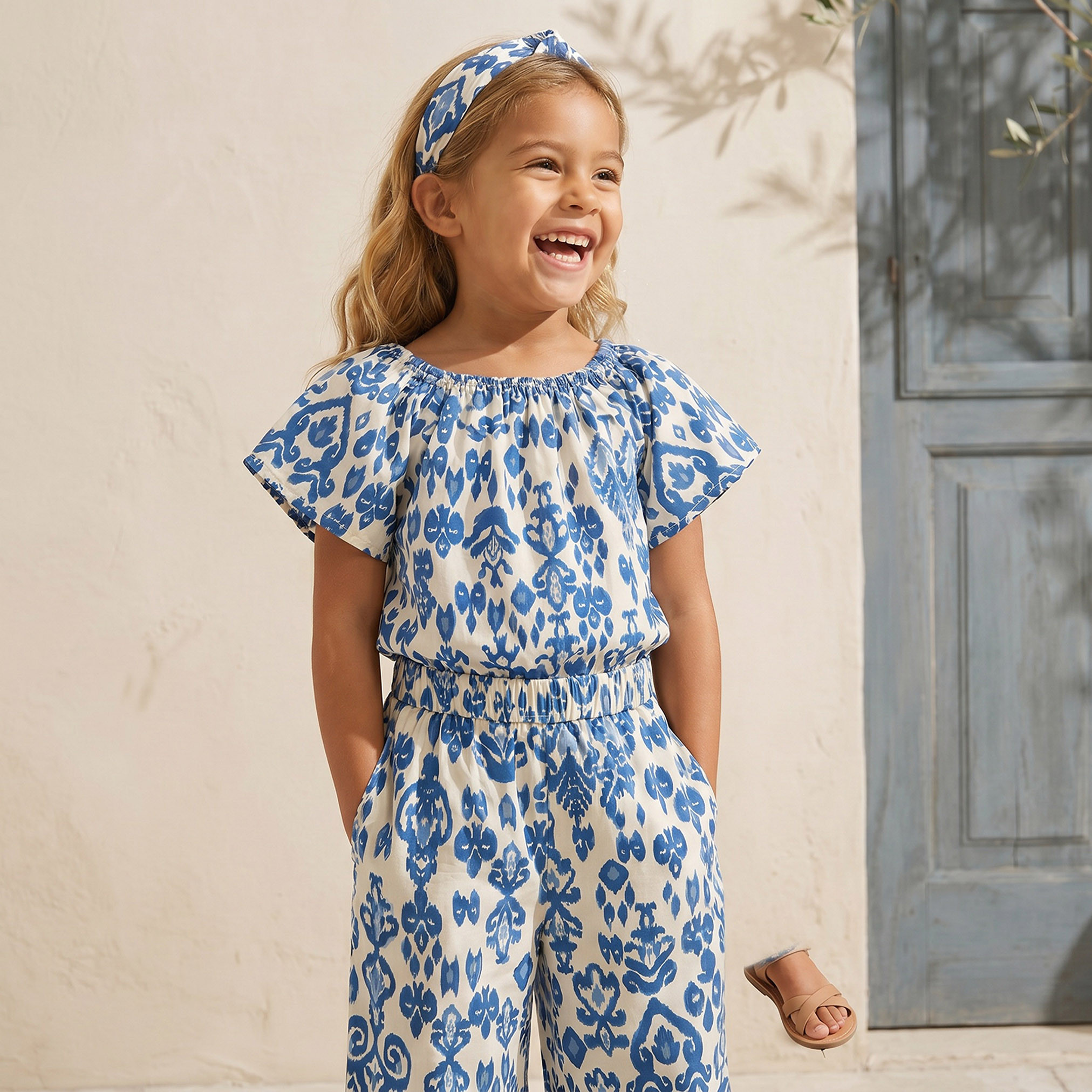Juniors Round Neck Short Sleeves Top and Pants Set with Ikat Print-baby-girls-clothing-setsandcoords-image-2