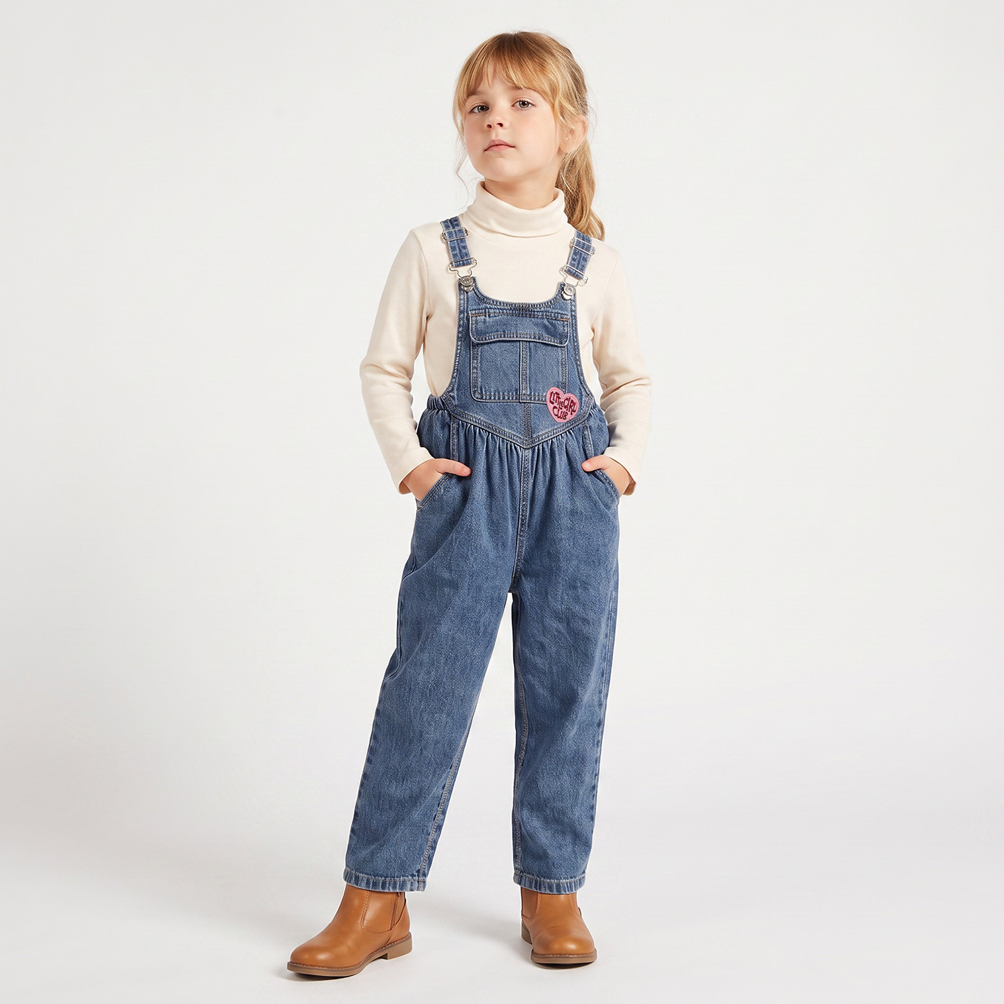 Juniors High Neck Long Sleeves Top and Dungarees Set with Heart Embroidery-baby-girls-clothing-setsandcoords-image-1