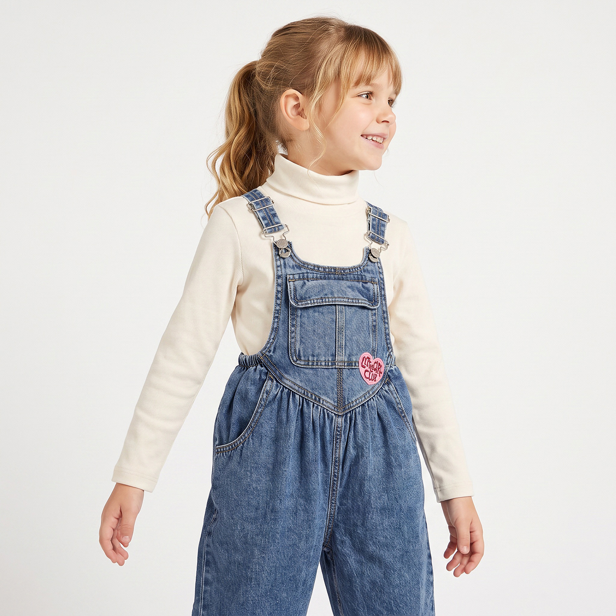 Juniors High Neck Long Sleeves Top and Dungarees Set with Heart Embroidery-baby-girls-clothing-setsandcoords-image-2