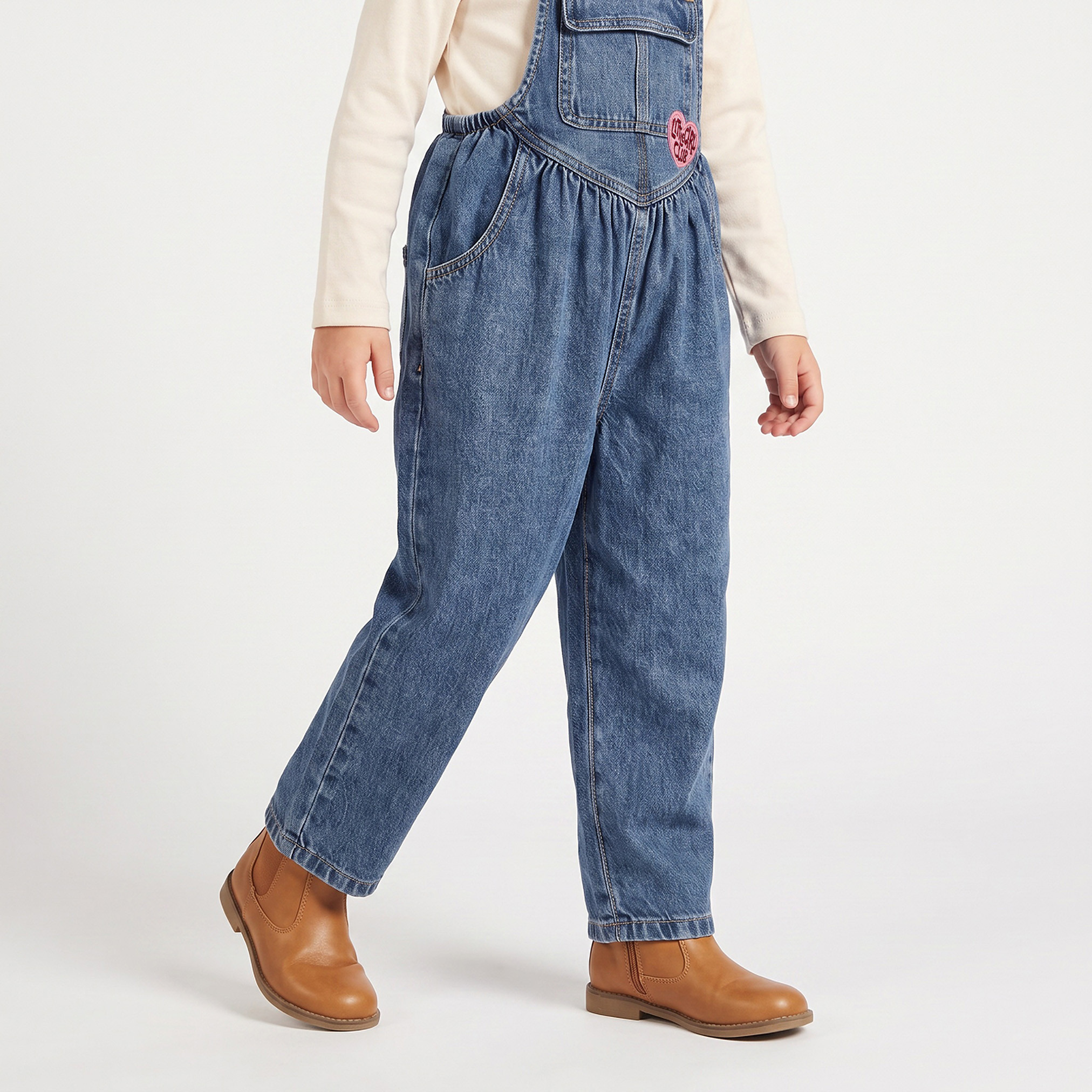 Juniors High Neck Long Sleeves Top and Dungarees Set with Heart Embroidery-baby-girls-clothing-setsandcoords-image-4