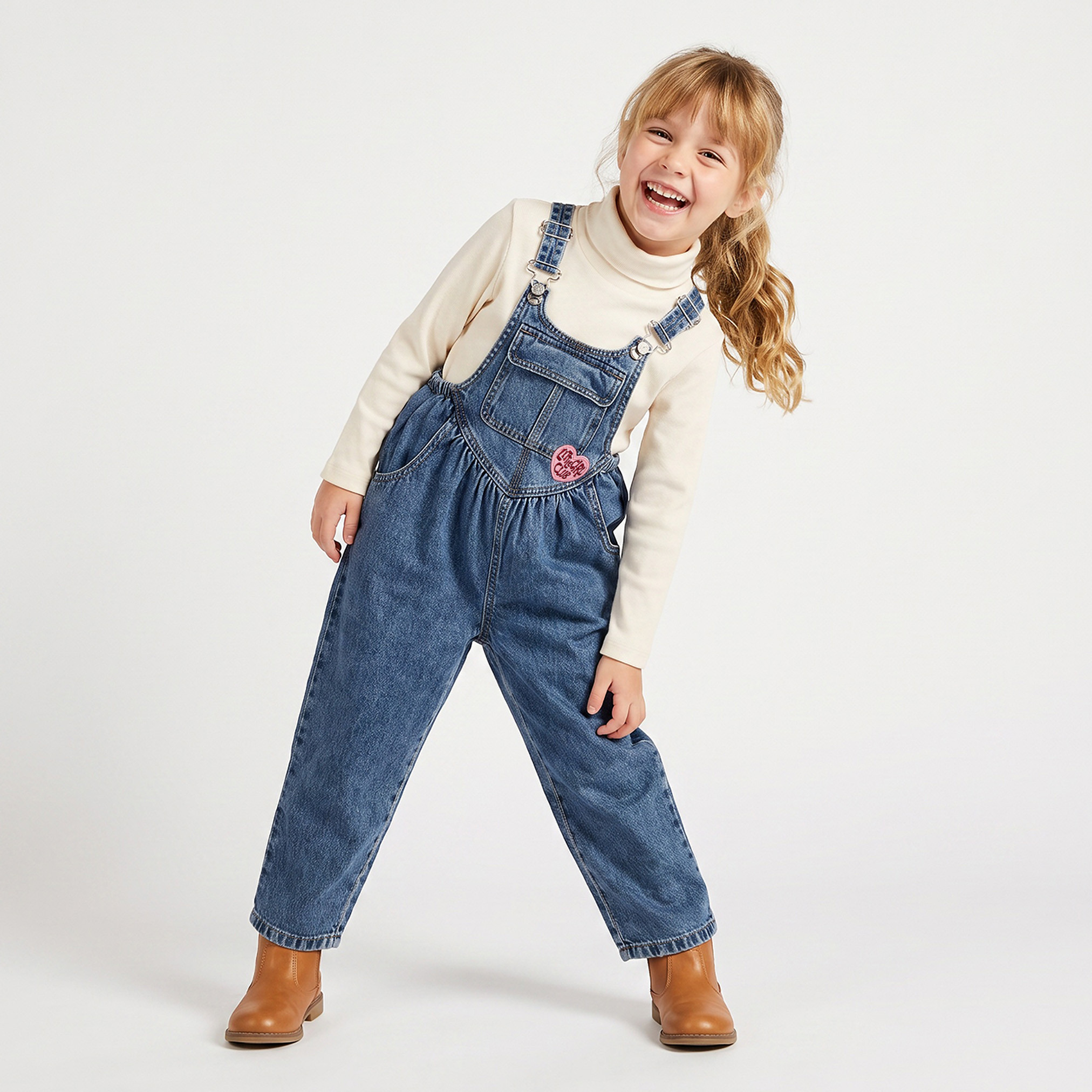 Juniors High Neck Long Sleeves Top and Dungarees Set with Heart Embroidery-baby-girls-clothing-setsandcoords-image-5